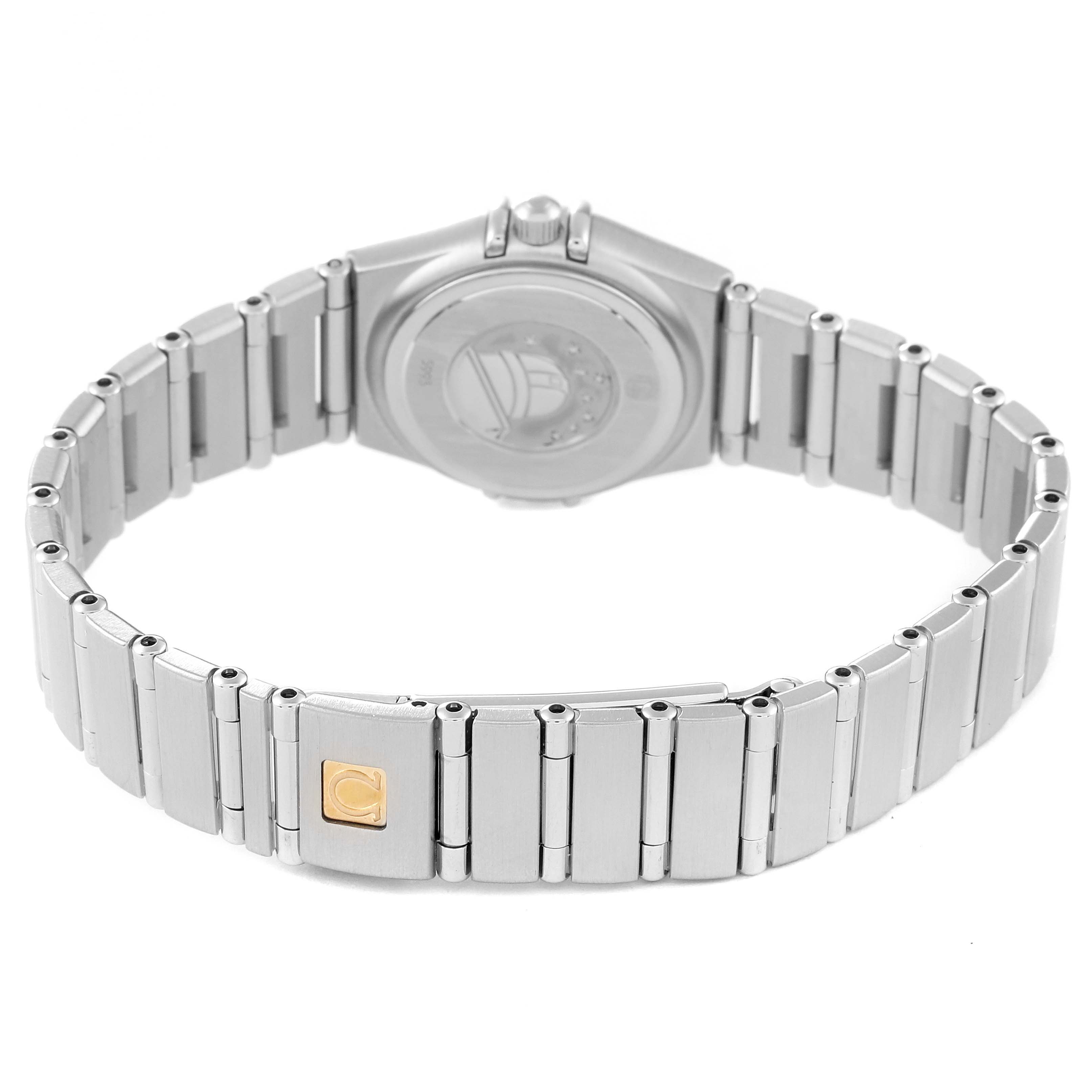 The image shows the back and bracelet of the Omega 1460.79.00 Women's Stainless Steel Mother of Pearl Dial 1460.79.00 Women's Stainless Steel Mother of Pearl Dial Constellation Iris Steel Multi Stone Mother of Pearl Diamond Ladies Watch 1460.79.00.