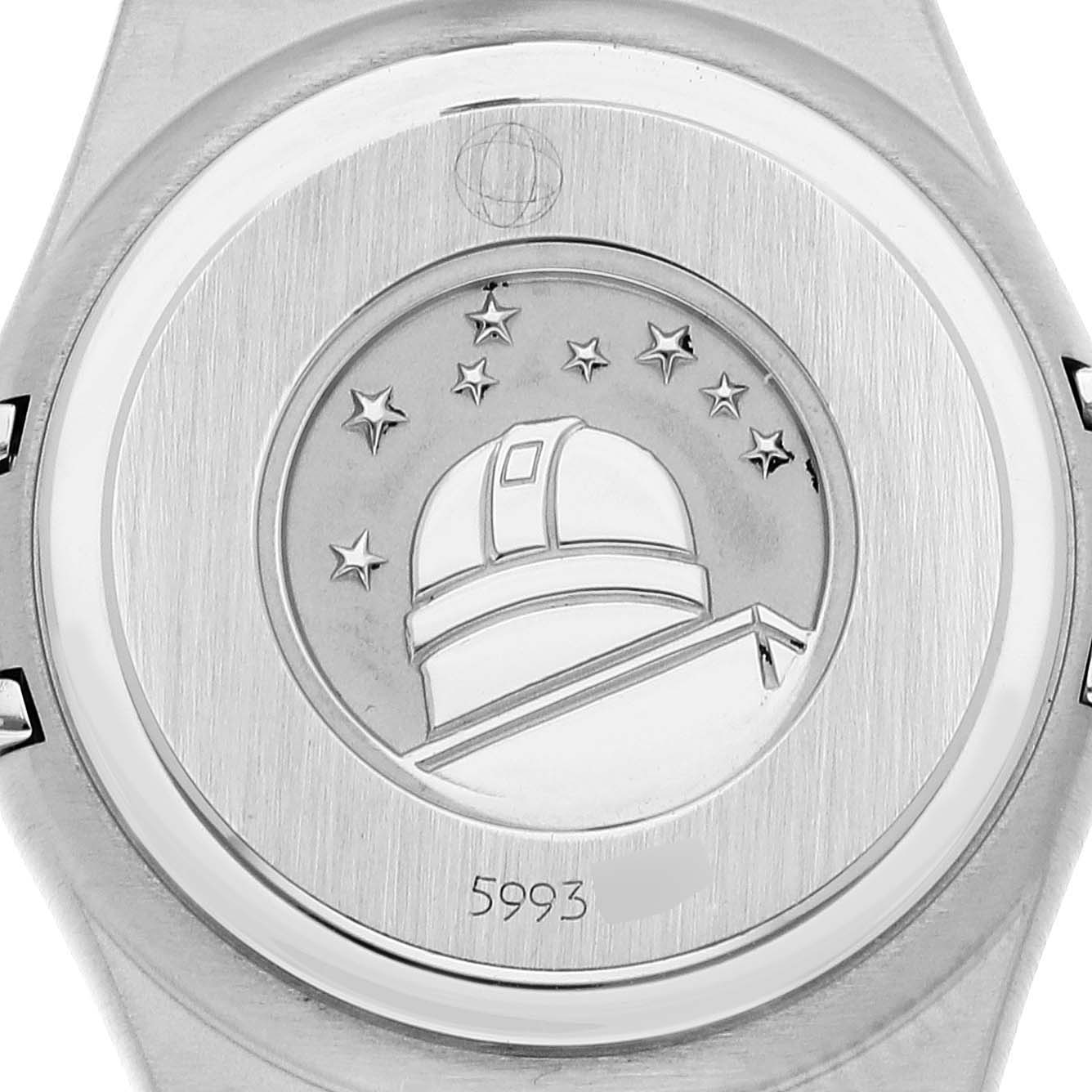 This image shows the back case of the Omega 1460.79.00 Women's Stainless Steel Mother of Pearl Dial 1460.79.00 Women's Stainless Steel Mother of Pearl Dial Constellation Iris Steel Multi Stone Mother of Pearl Diamond Ladies Watch 1460.79.00.