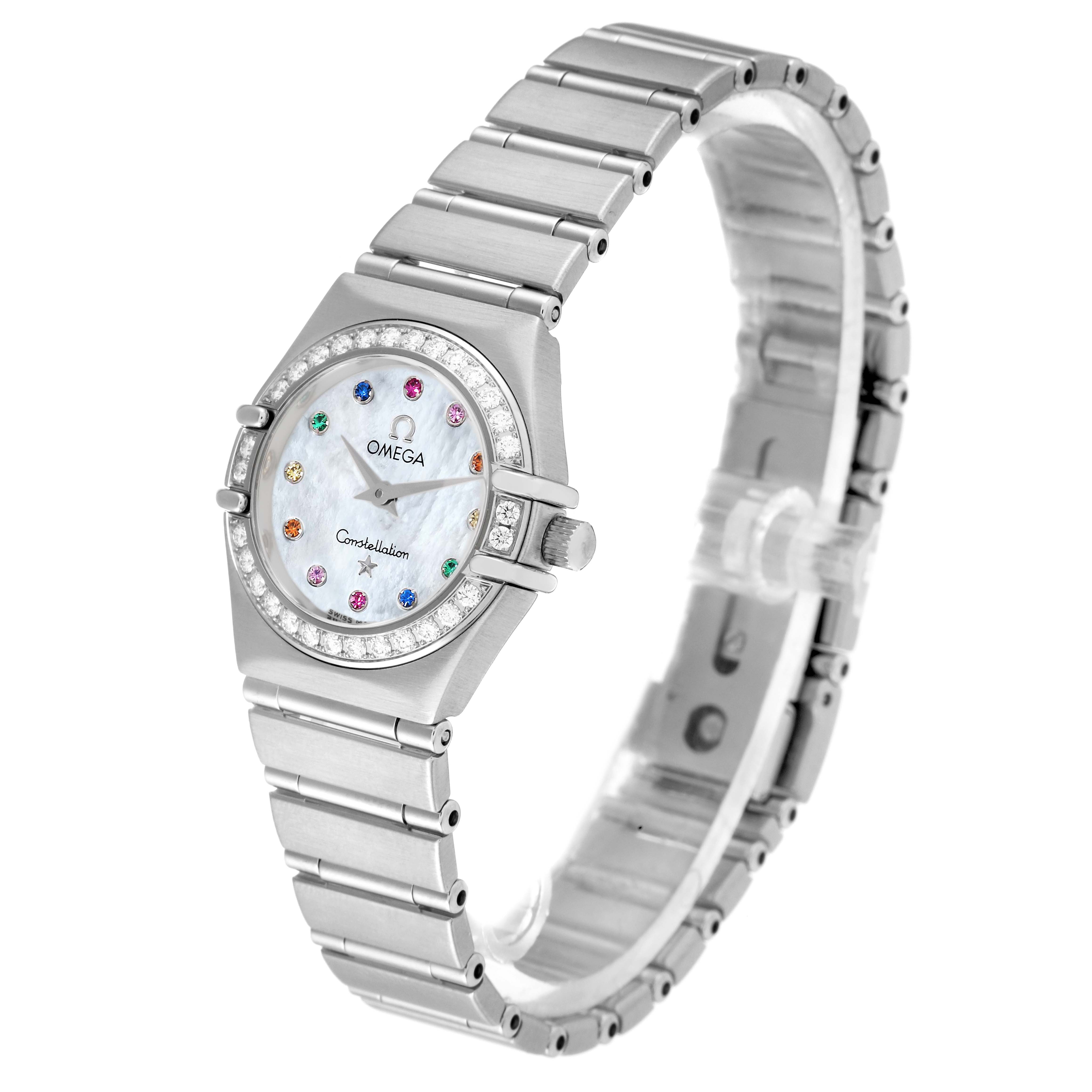 The Omega 1460.79.00 Women's Stainless Steel Mother of Pearl Dial 1460.79.00 Women's Stainless Steel Mother of Pearl Dial Constellation Iris Steel watch model 1460.79.00 is shown at an angle displaying the face, bezel, and bracelet.