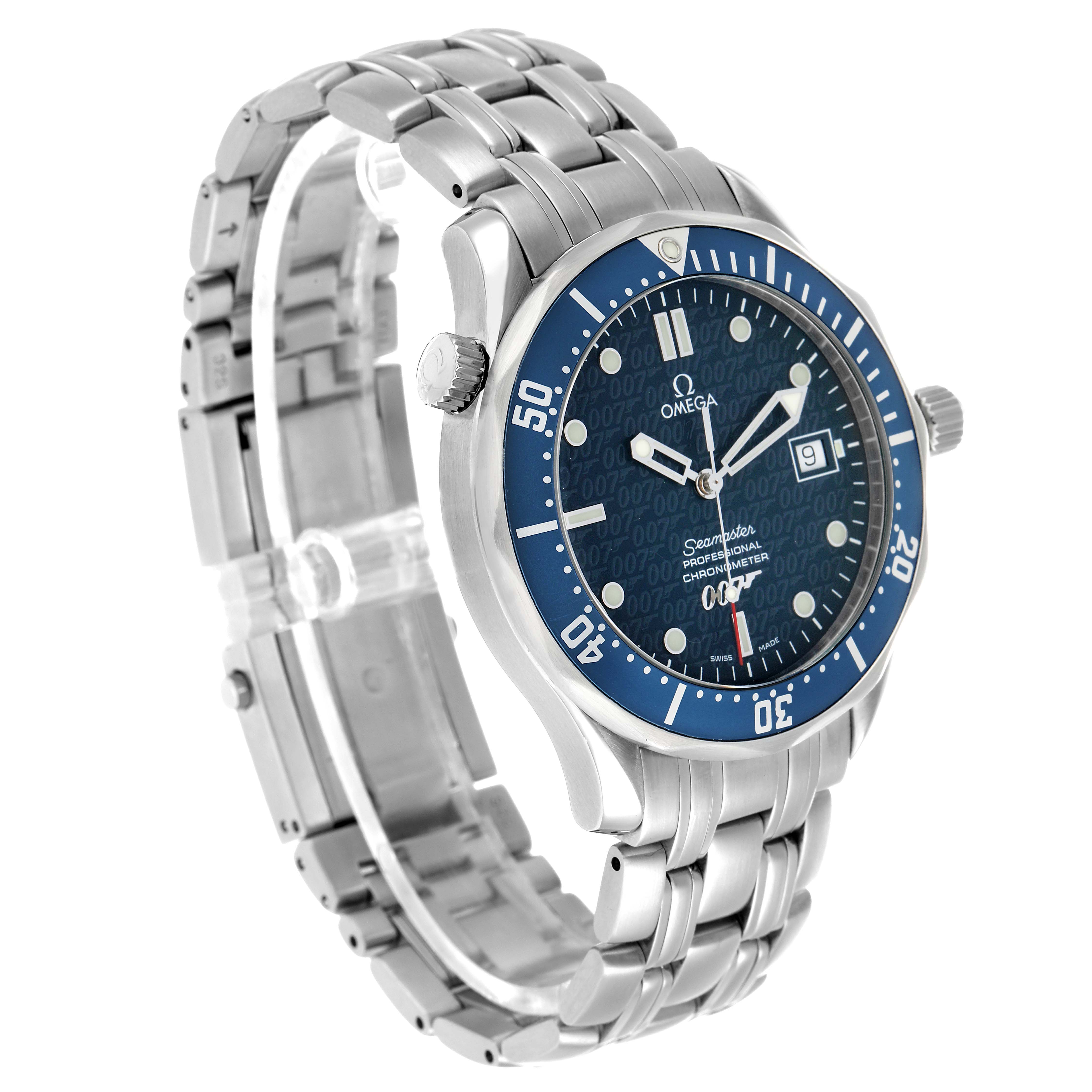 The Omega Seamaster 2537.80.00 Men's Stainless Steel Blue Dial watch is shown at a slight angle displaying the face, bezel, crown, and metal bracelet.