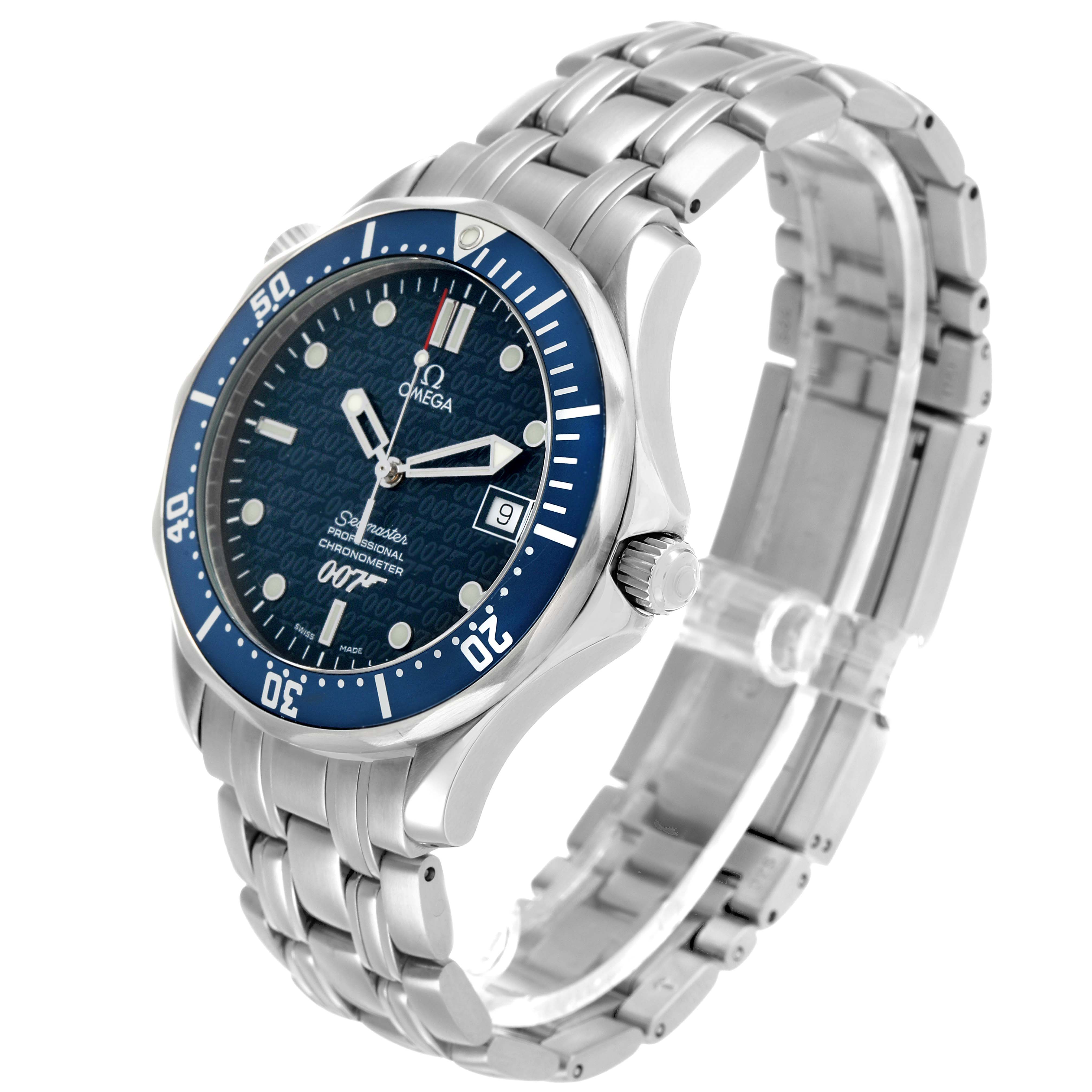 The Omega Seamaster 2537.80.00 Men's Stainless Steel Blue Dial watch is shown at a three-quarter angle, displaying the face, bezel, crown, and bracelet.