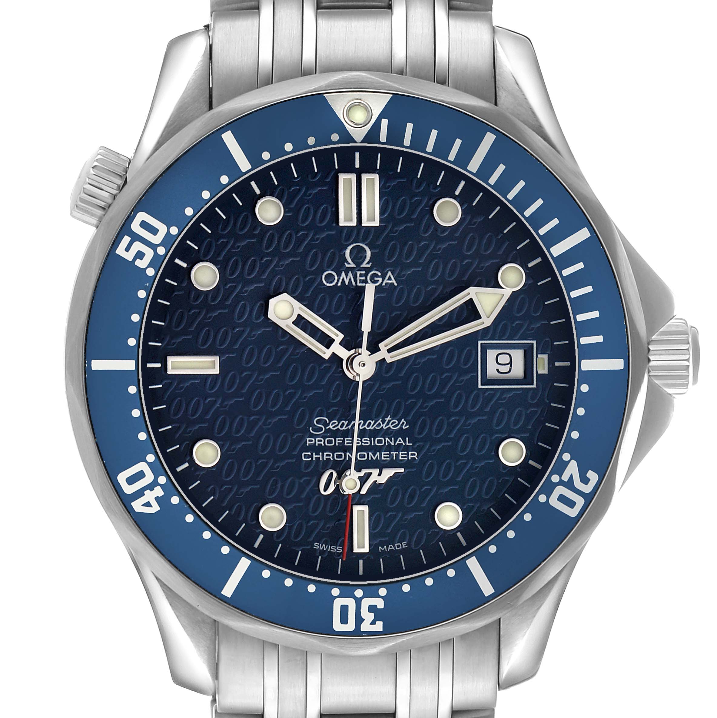 The Omega Seamaster 2537.80.00 Men's Stainless Steel Blue Dial watch is shown from the front, displaying the dial, bezel, hands, and crown.
