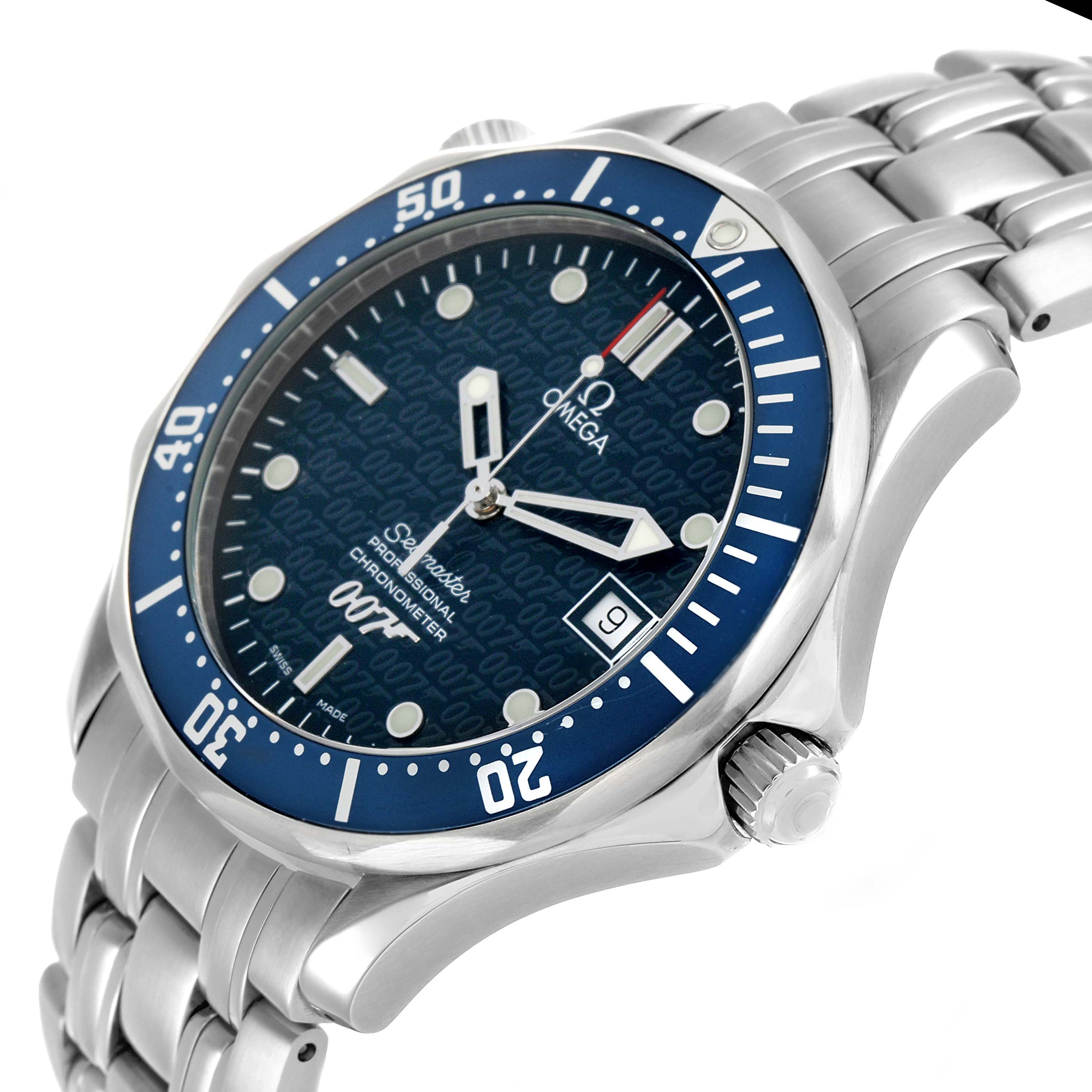 The Omega Seamaster 2537.80.00 Men's Stainless Steel Blue Dial watch is shown at an angled side view, highlighting its blue bezel, dial, and stainless steel bracelet.