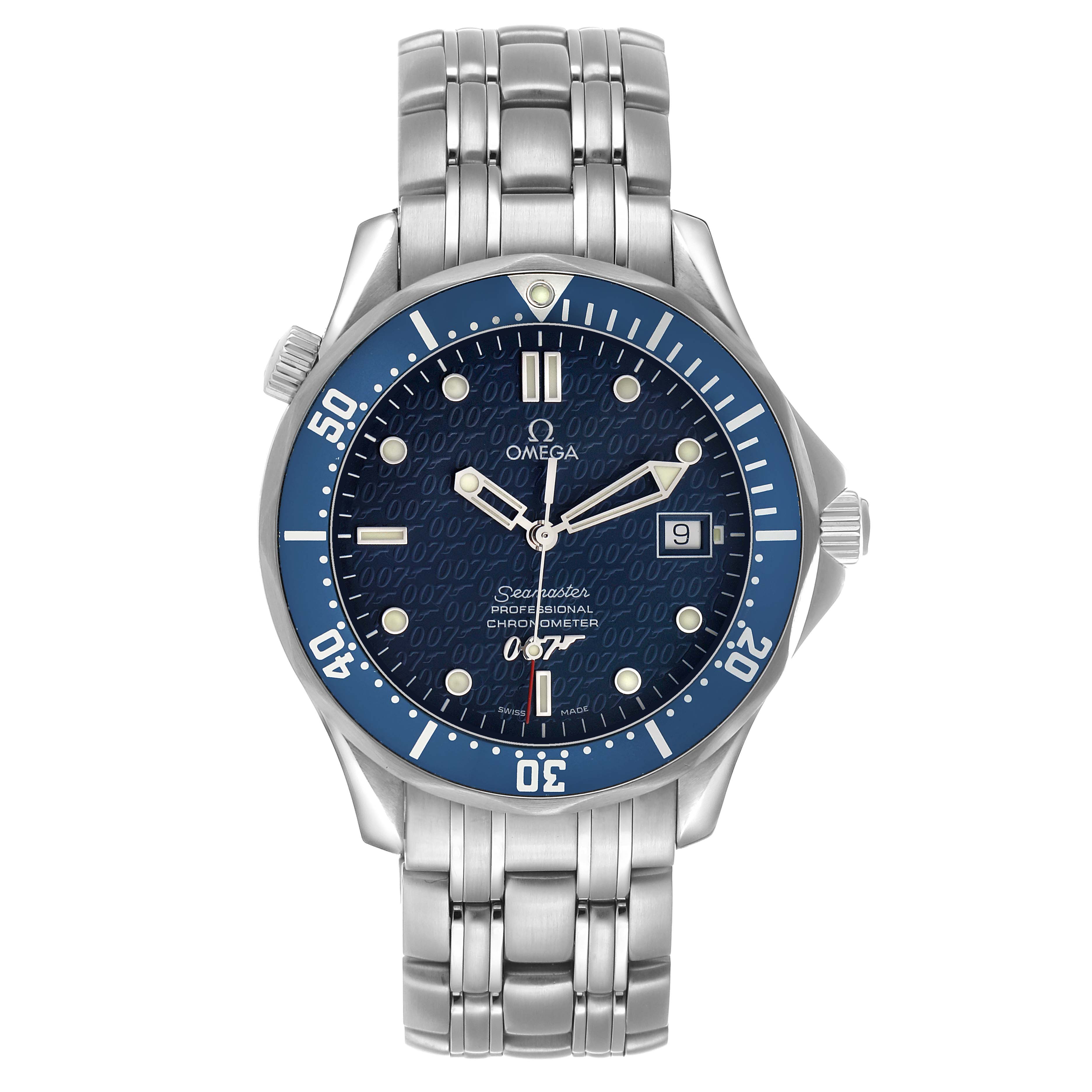 The Omega Seamaster 2537.80.00 Men's Stainless Steel Blue Dial watch is shown from the front, displaying its dial, bezel, bracelet, and crown.