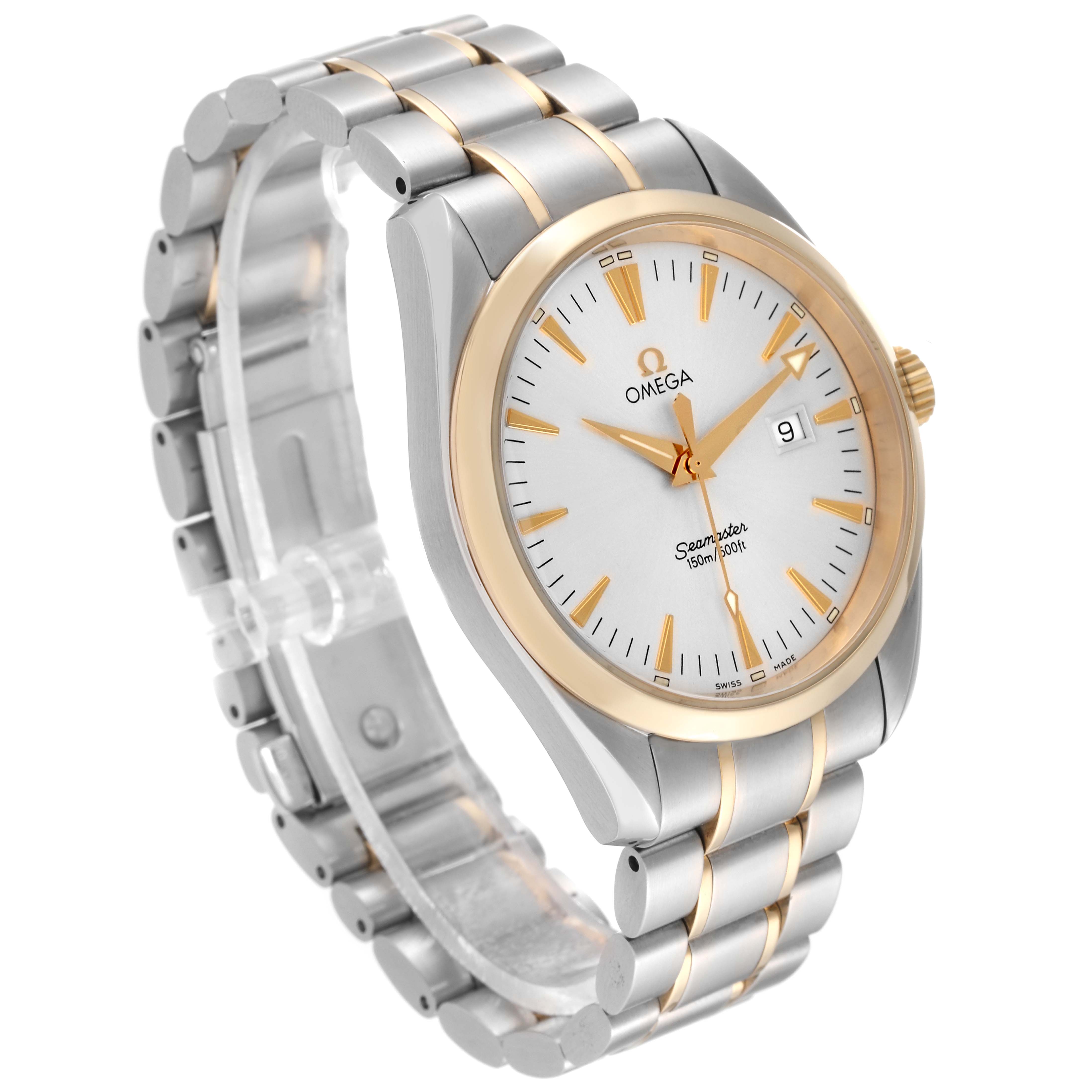 This image shows an Omega Aqua Terra 2317.30.00 Men's Steel and Gold (two tone) Silver Dial 2317.30.00 Men's Steel and Gold (two tone) Silver Dial watch from a front-left angle, highlighting the dial, bezel, and bracelet.