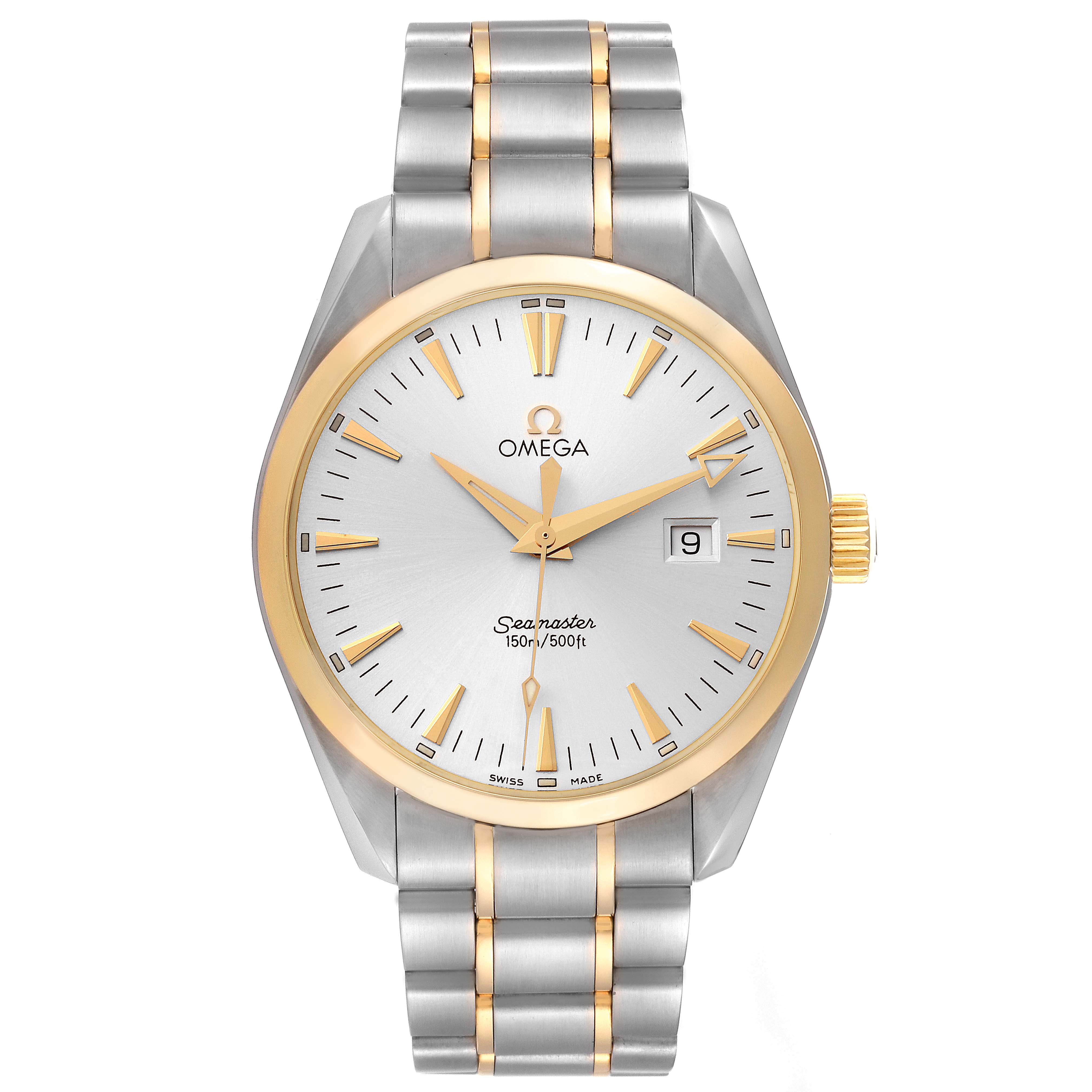 The image shows a front view of the Omega Aqua Terra 2317.30.00 Men's Steel and Gold (two tone) Silver Dial 2317.30.00 Men's Steel and Gold (two tone) Silver Dial Seamaster watch, highlighting the dial, hands, date window, and bracelet.