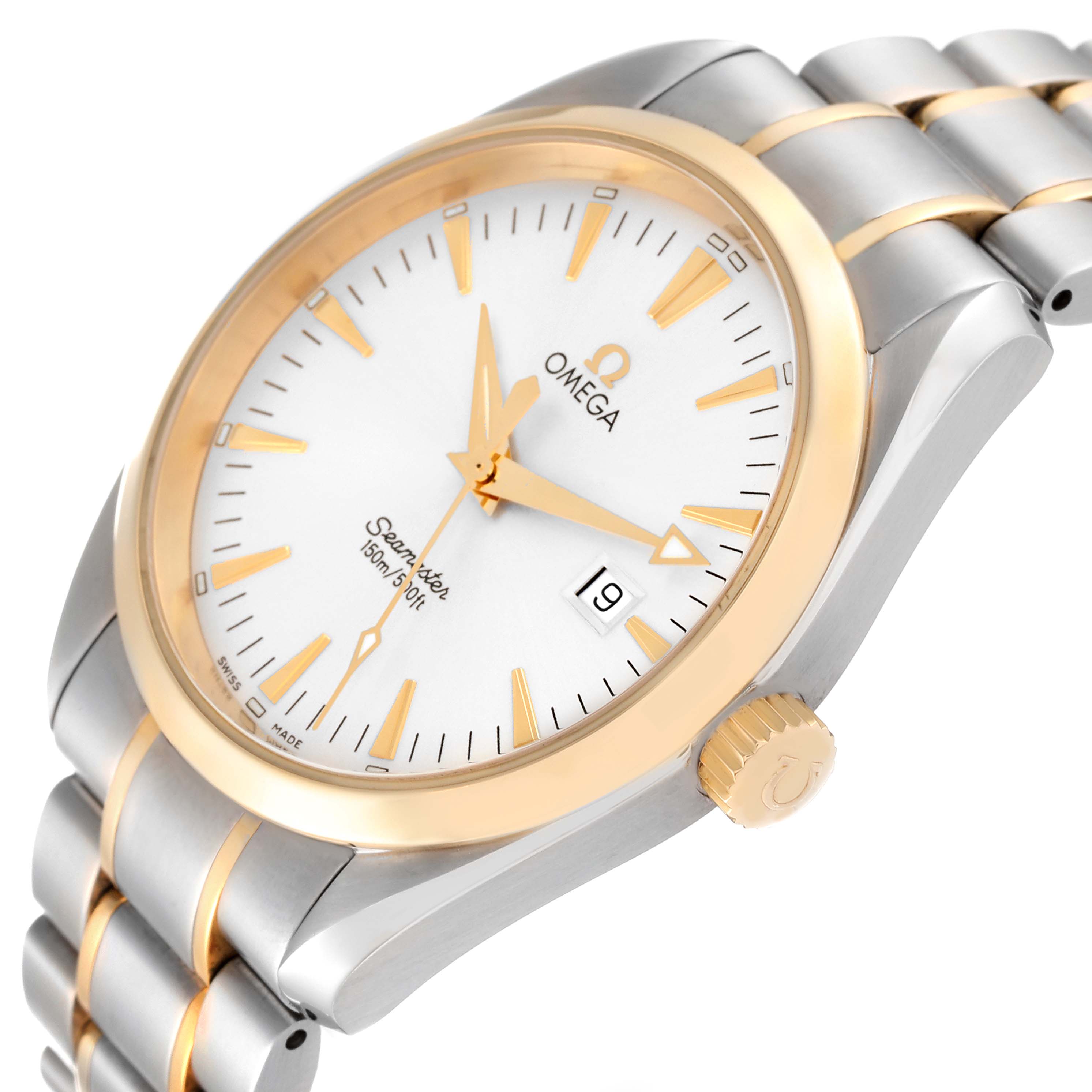 The Omega Aqua Terra 2317.30.00 Men's Steel and Gold (two tone) Silver Dial 2317.30.00 Men's Steel and Gold (two tone) Silver Dial watch is shown at a slight angle, displaying the dial, bezel, crown, and part of the bracelet.