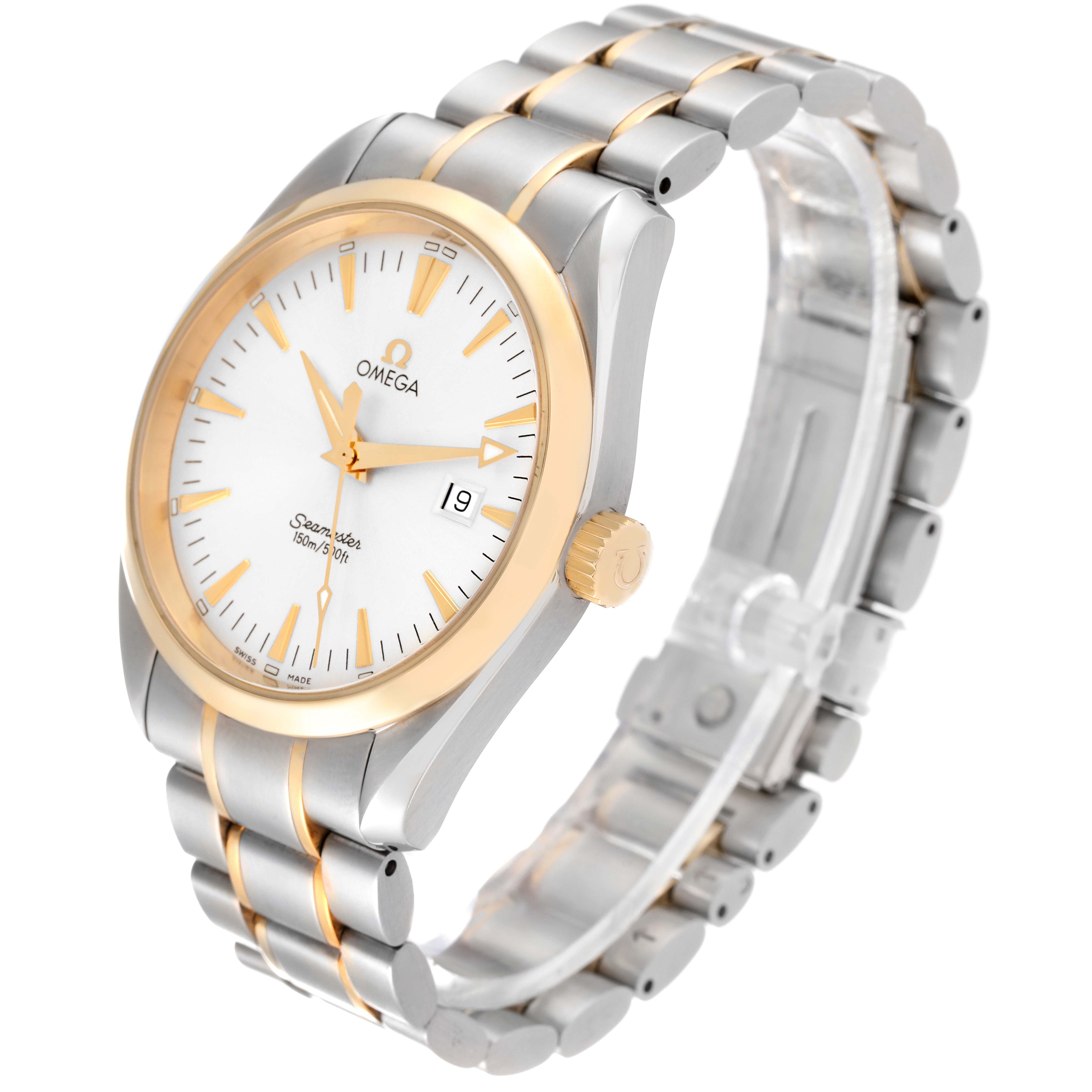 The image shows the Omega Aqua Terra 2317.30.00 Men's Steel and Gold (two tone) Silver Dial 2317.30.00 Men's Steel and Gold (two tone) Silver Dial watch at a three-quarter angle, highlighting its face, bezel, crown, and bracelet.