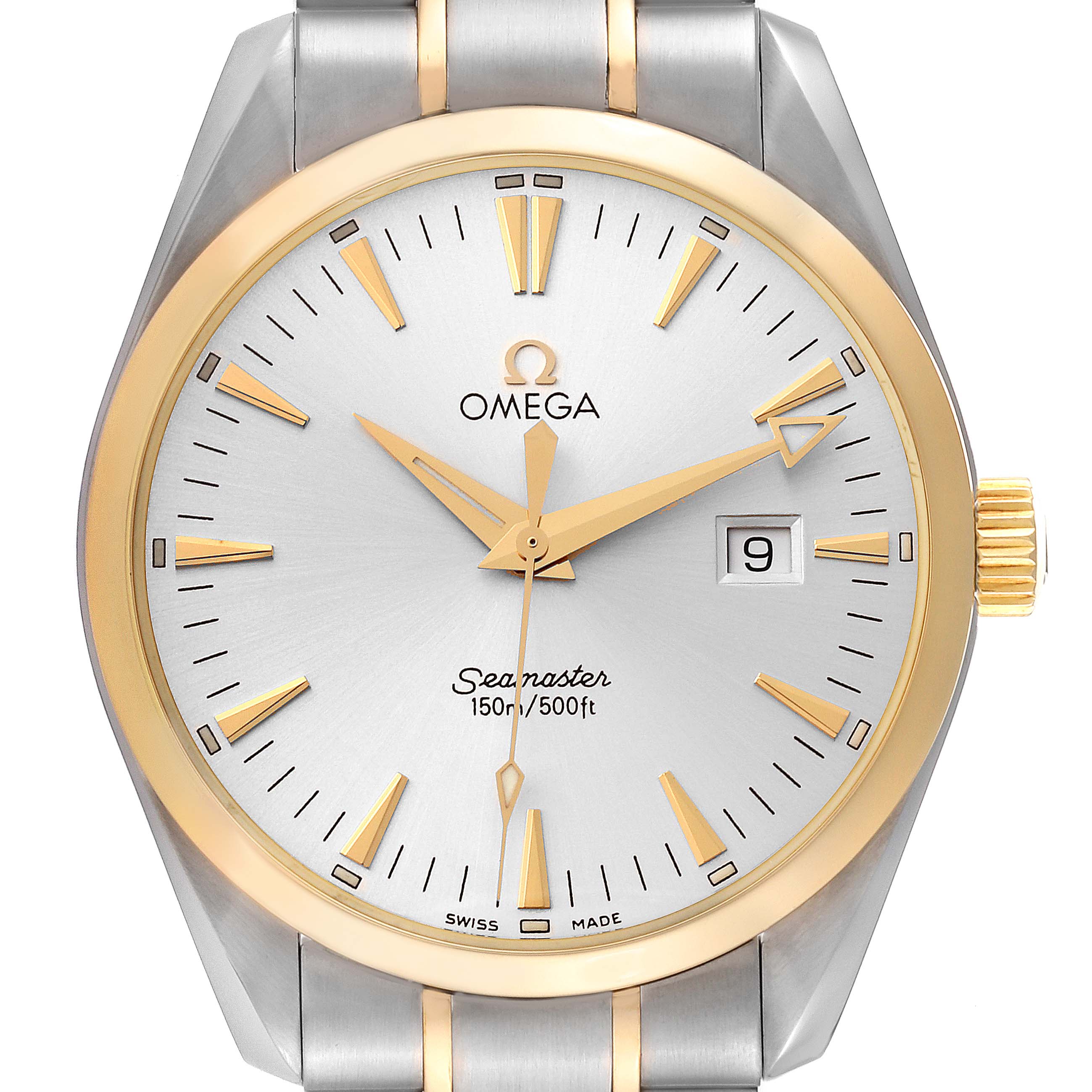 The image shows a front view of the Omega Aqua Terra 2317.30.00 Men's Steel and Gold (two tone) Silver Dial 2317.30.00 Men's Steel and Gold (two tone) Silver Dial Seamaster watch, highlighting the dial, hands, crown, and part of the bracelet.