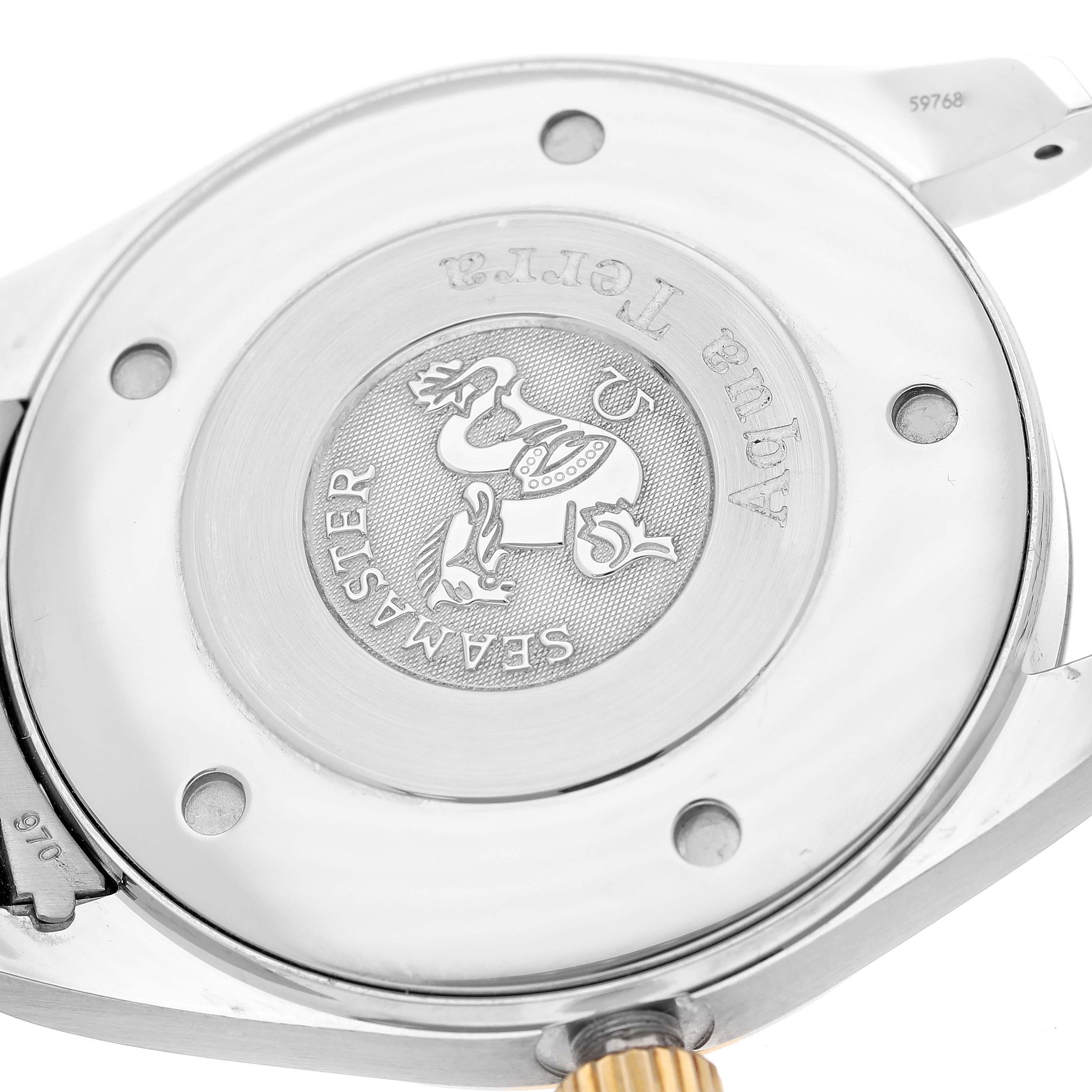 This image shows the back case of an Omega Aqua Terra 2317.30.00 Men's Steel and Gold (two tone) Silver Dial 2317.30.00 Men's Steel and Gold (two tone) Silver Dial watch, highlighting engravings and the Seamaster logo.