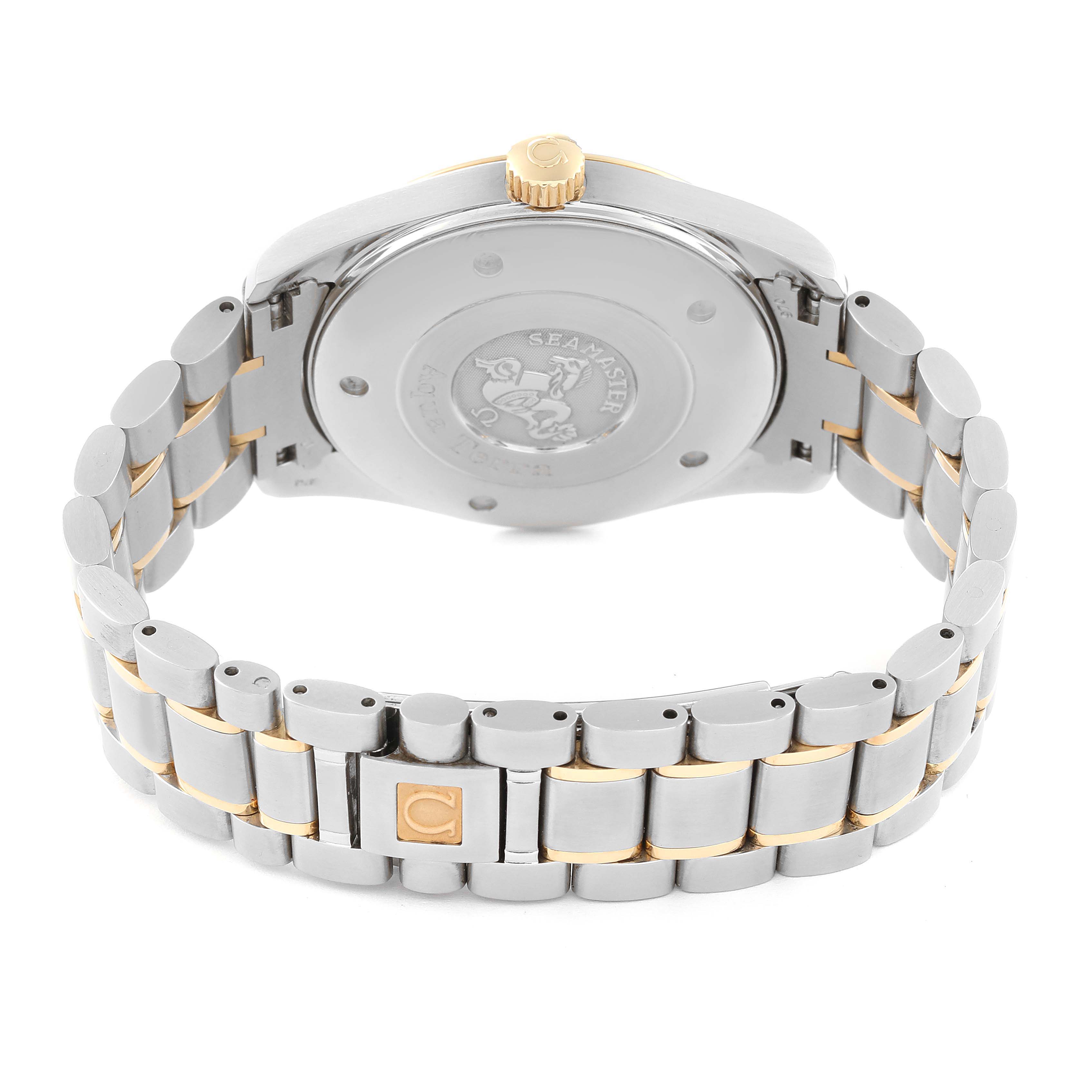 The image shows the back view of an Omega Aqua Terra 2317.30.00 Men's Steel and Gold (two tone) Silver Dial 2317.30.00 Men's Steel and Gold (two tone) Silver Dial watch, including the case back, crown, and bracelet.