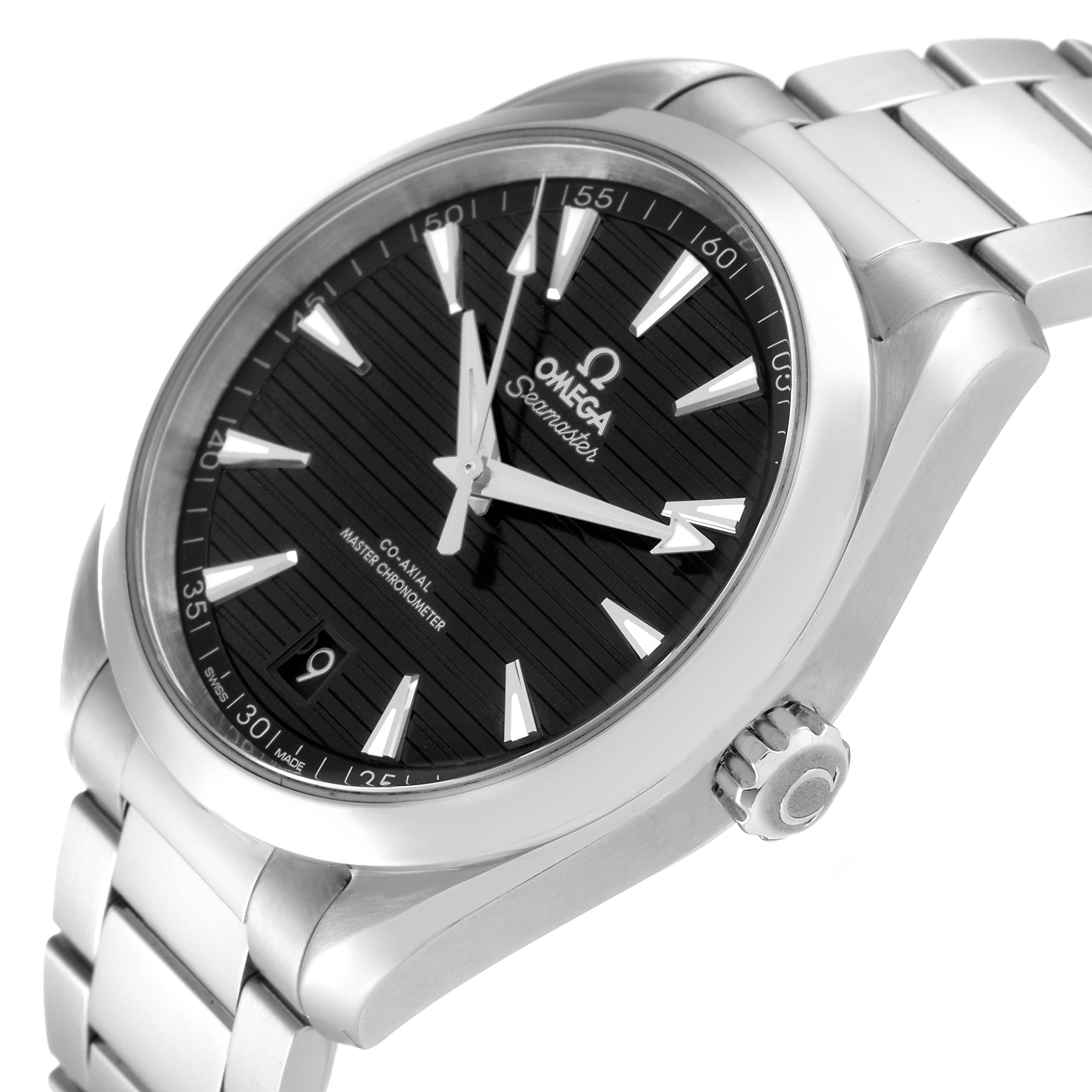 The Omega Aqua Terra 220.10.41.21.01.001 Men's Stainless Steel Black Dial 220.10.41.21.01.001 Men's Stainless Steel Black Dial watch is shown at a slight angle, highlighting its black dial, stainless steel case, and bracelet.