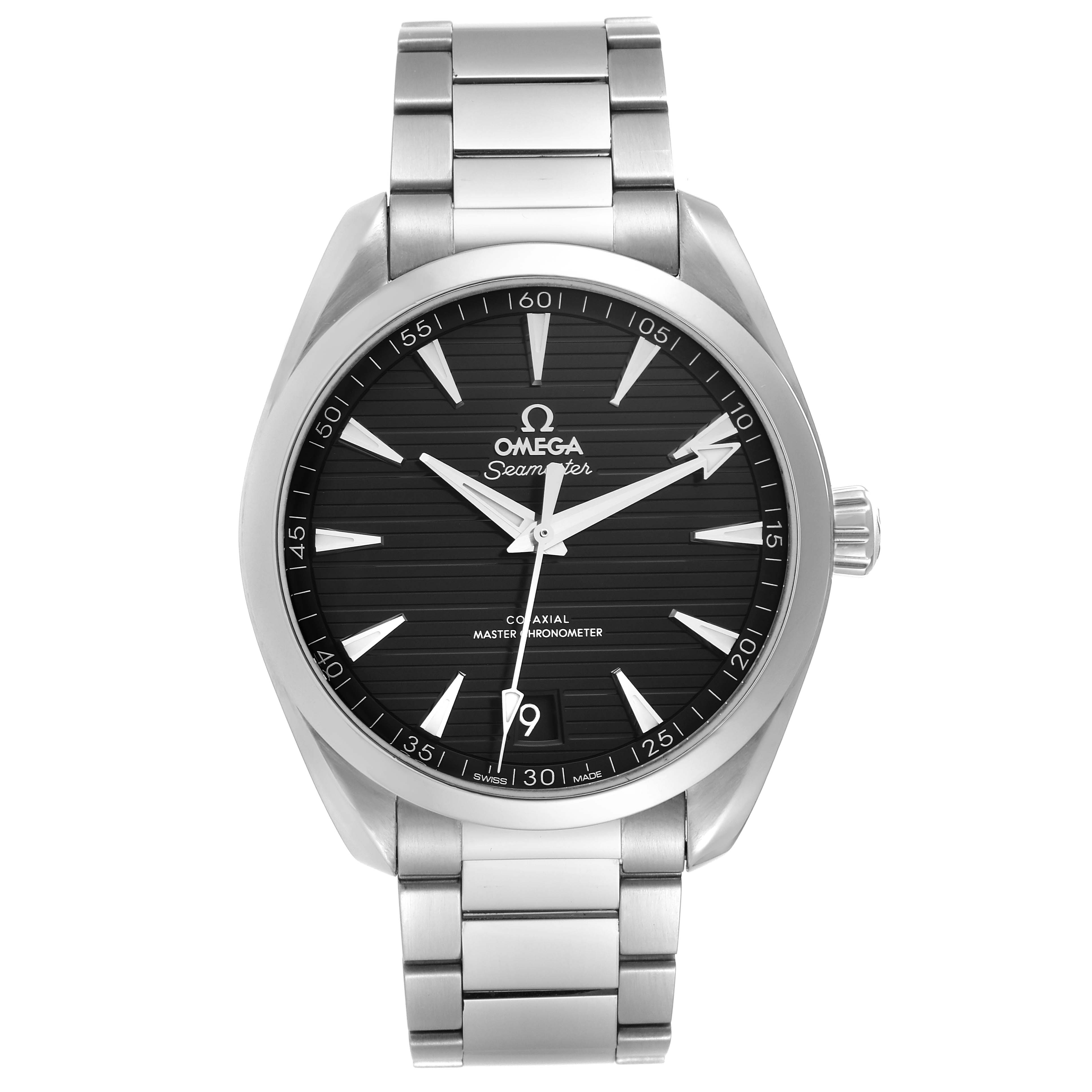 The image shows a front view of the Omega Aqua Terra 220.10.41.21.01.001 Men's Stainless Steel Black Dial 220.10.41.21.01.001 Men's Stainless Steel Black Dial watch, highlighting its black dial and metal bracelet.