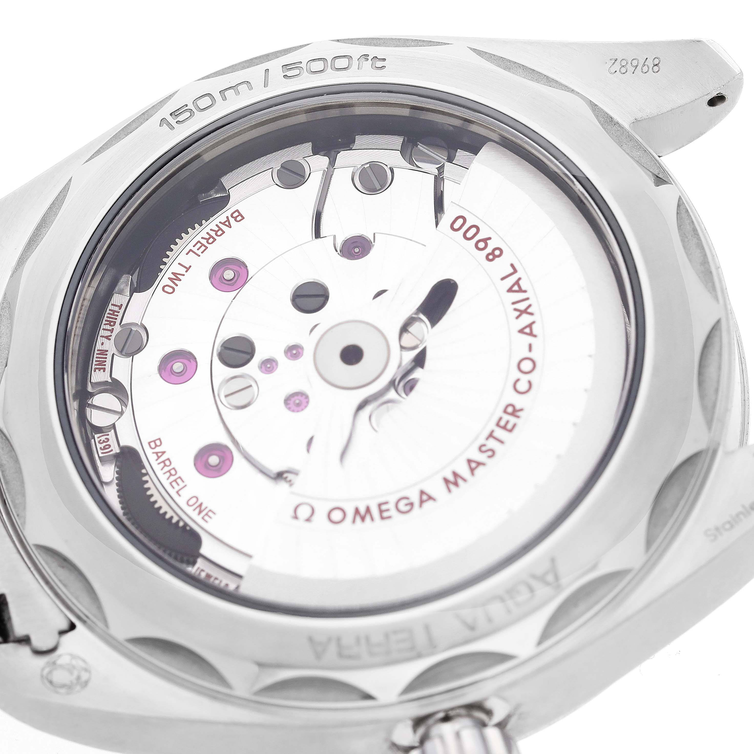 The image shows the back view of the Omega Aqua Terra 220.10.41.21.01.001 Men's Stainless Steel Black Dial 220.10.41.21.01.001 Men's Stainless Steel Black Dial watch, showcasing its movement and mechanism.