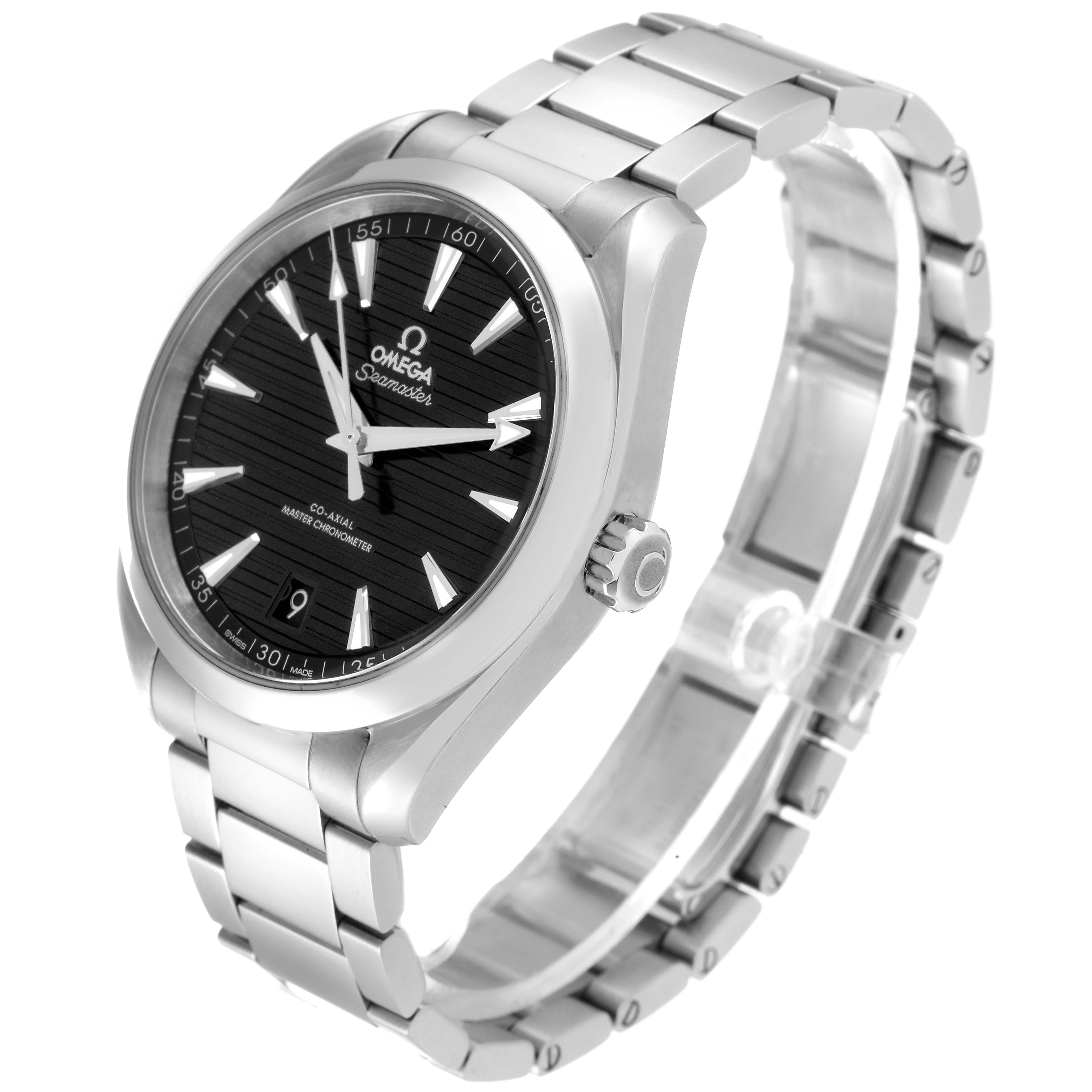 The image shows an angled view of an Omega Aqua Terra 220.10.41.21.01.001 Men's Stainless Steel Black Dial 220.10.41.21.01.001 Men's Stainless Steel Black Dial watch, highlighting its face, bezel, crown, and metal bracelet.