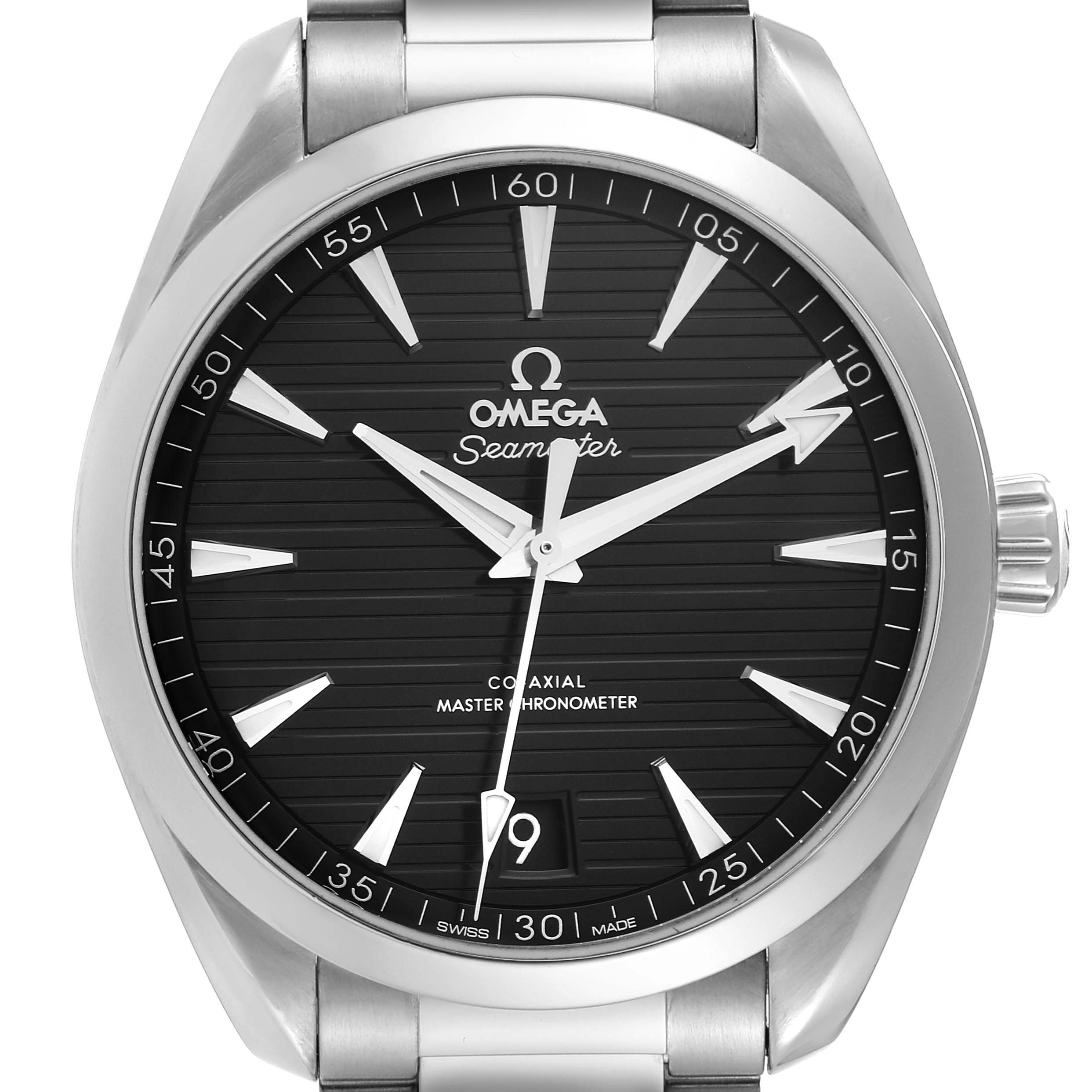 Front view of the Omega Aqua Terra 220.10.41.21.01.001 Men's Stainless Steel Black Dial 220.10.41.21.01.001 Men's Stainless Steel Black Dial watch showing the dial, hands, bezel, and part of the bracelet.