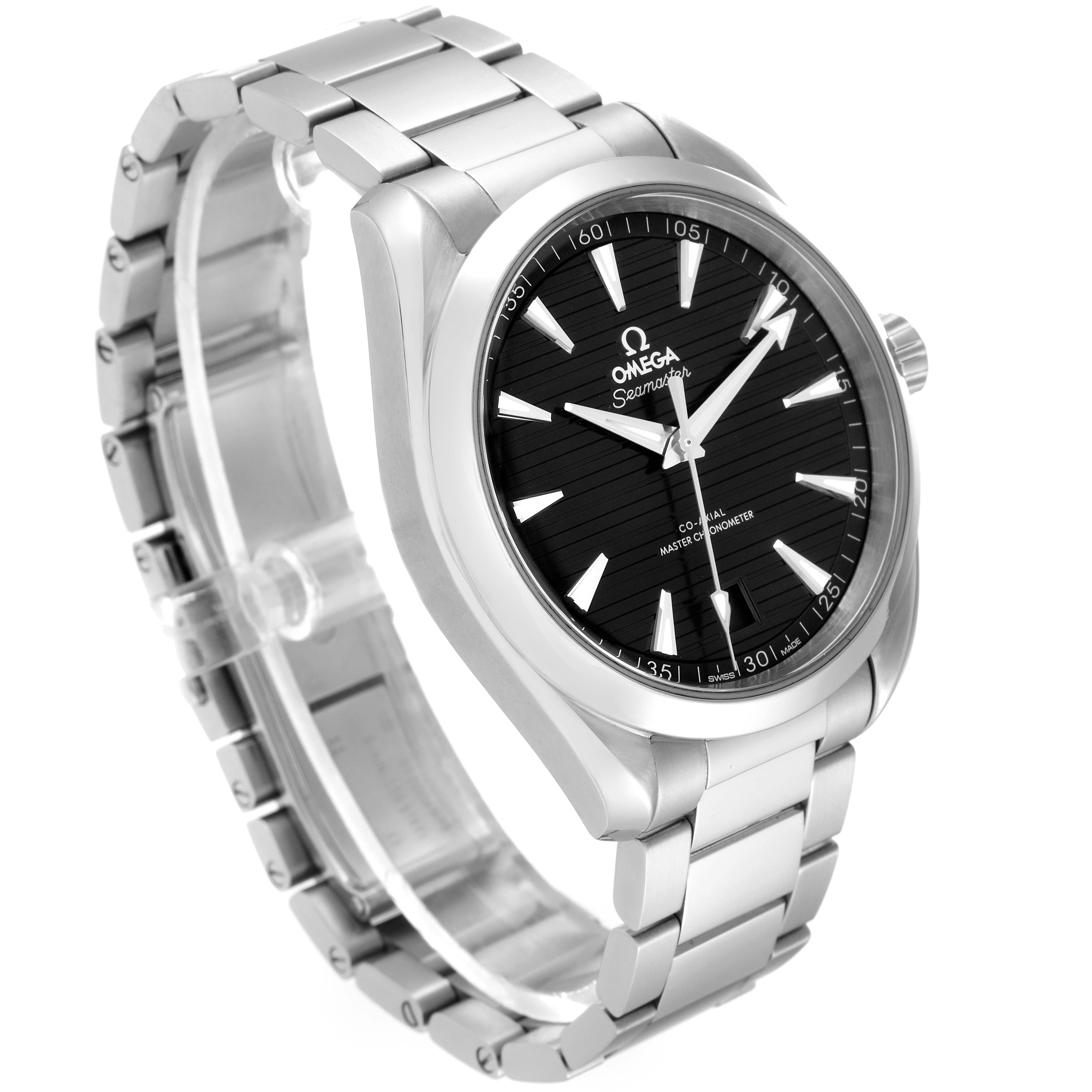This image shows the Omega Aqua Terra 220.10.41.21.01.001 Men's Stainless Steel Black Dial 220.10.41.21.01.001 Men's Stainless Steel Black Dial model watch at a three-quarter angle, highlighting the face, bezel, and bracelet.