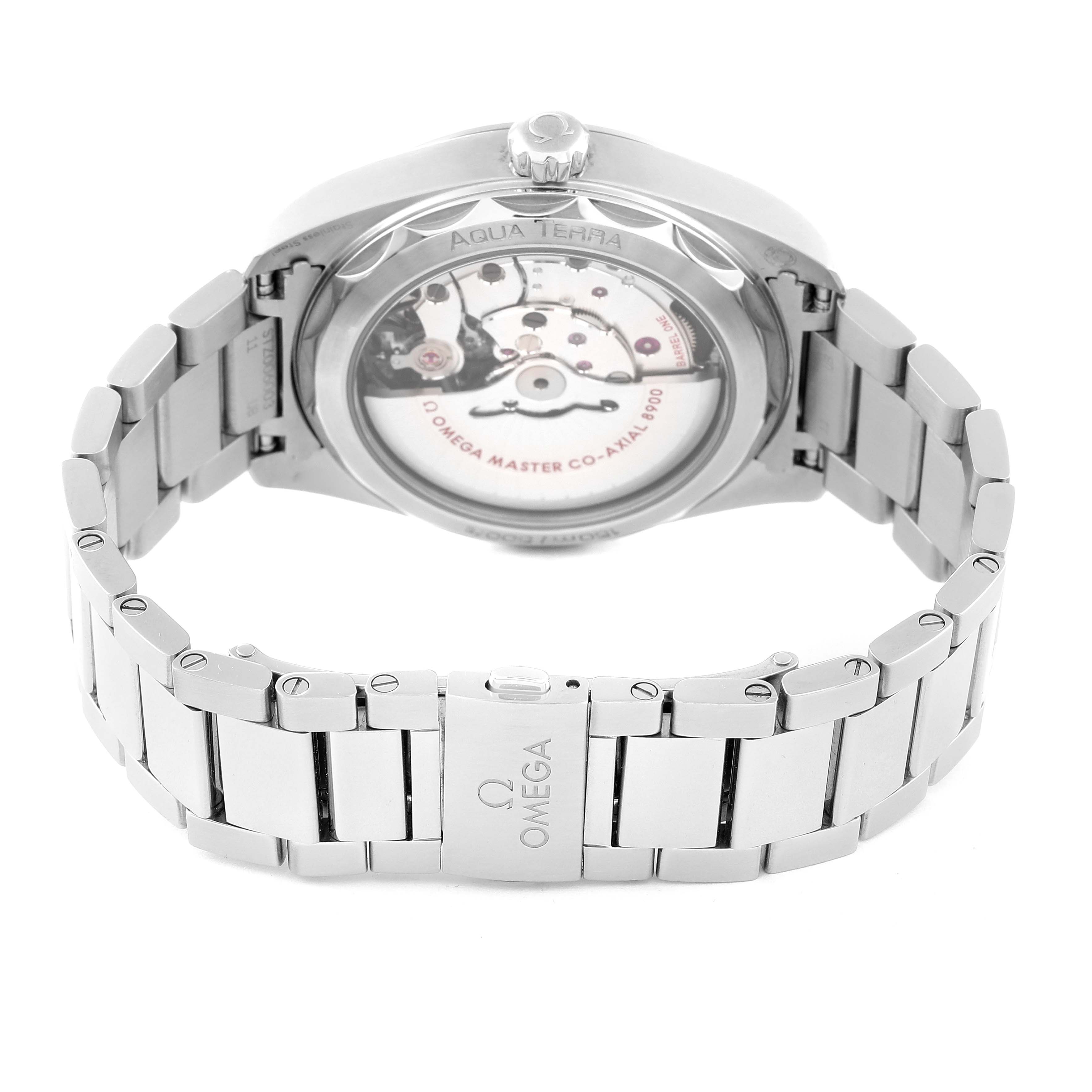 The image shows the back view of an Omega Aqua Terra 220.10.41.21.01.001 Men's Stainless Steel Black Dial 220.10.41.21.01.001 Men's Stainless Steel Black Dial watch, highlighting its open case back and stainless steel bracelet.