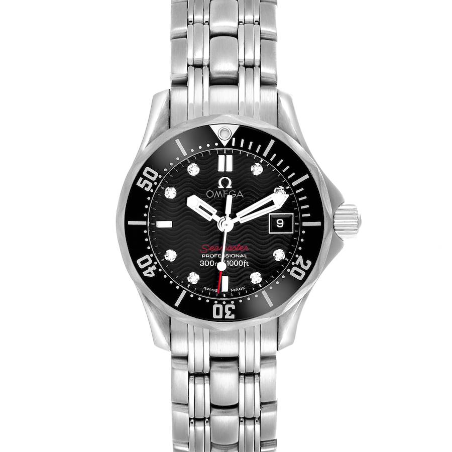 The Omega Seamaster Diver 300M is shown from a top-down angle, displaying the face, bezel, and bracelet.