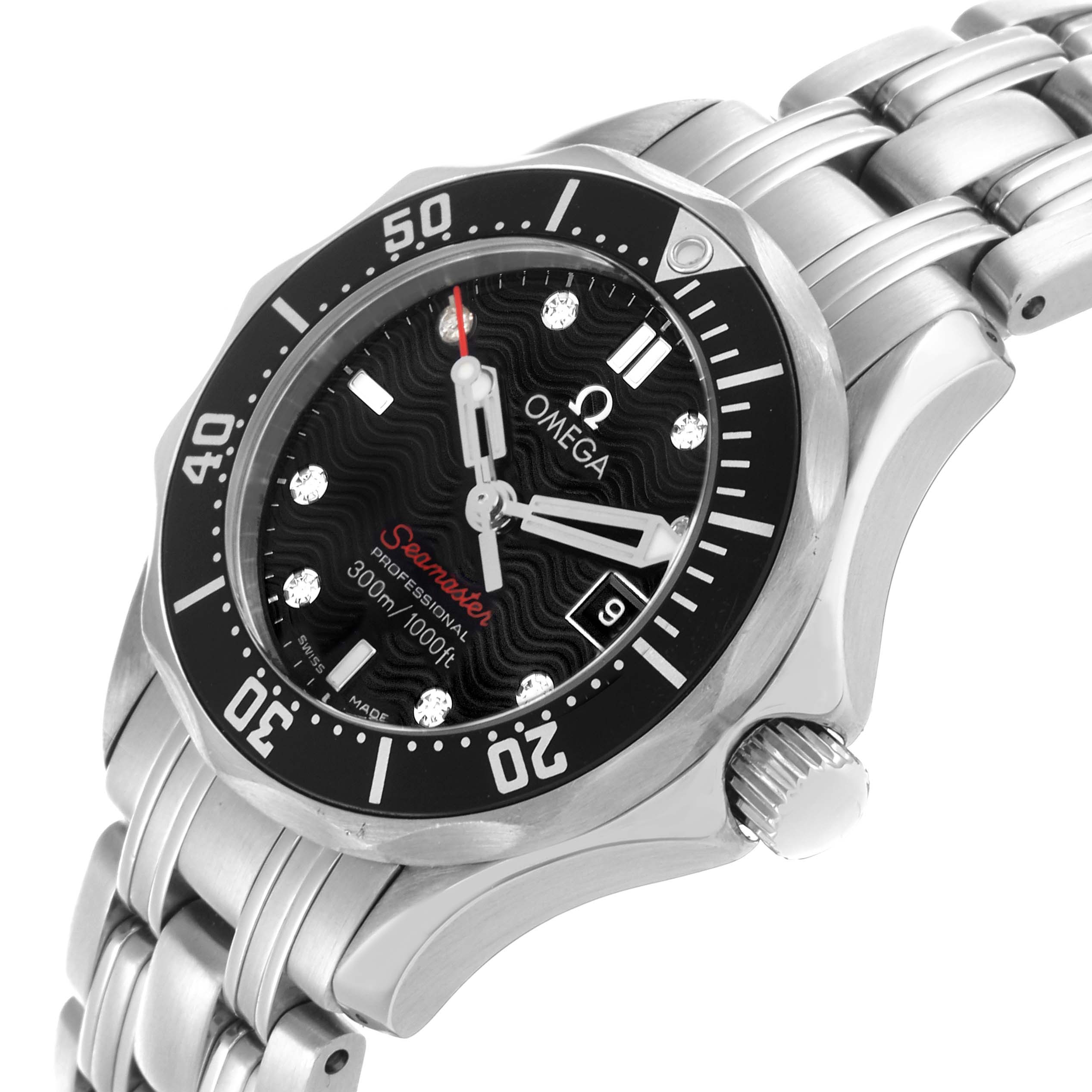 The Omega 212.30.28.61.01.001 Women
s Stainless Steel Black Dial 212.30.28.61.01.001 Women
s Stainless Steel Black Dial Seamaster Diver 300M watch is shown from a slight side angle, displaying the face, bezel, crown, and part of the bracelet.