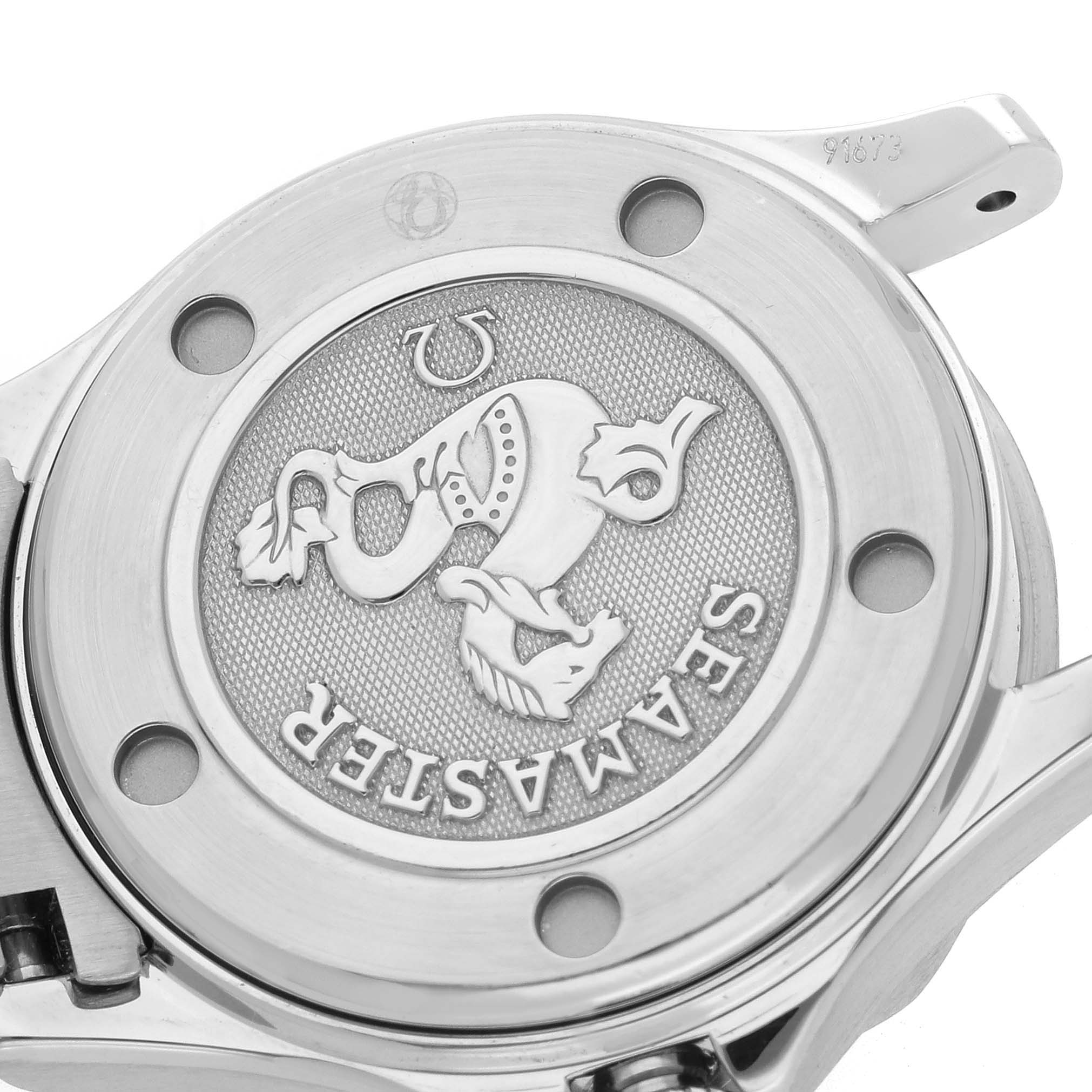 The image shows the back of an Omega 212.30.28.61.01.001 Women
s Stainless Steel Black Dial 212.30.28.61.01.001 Women
s Stainless Steel Black Dial Seamaster Diver 300M watch, featuring an engraved logo.