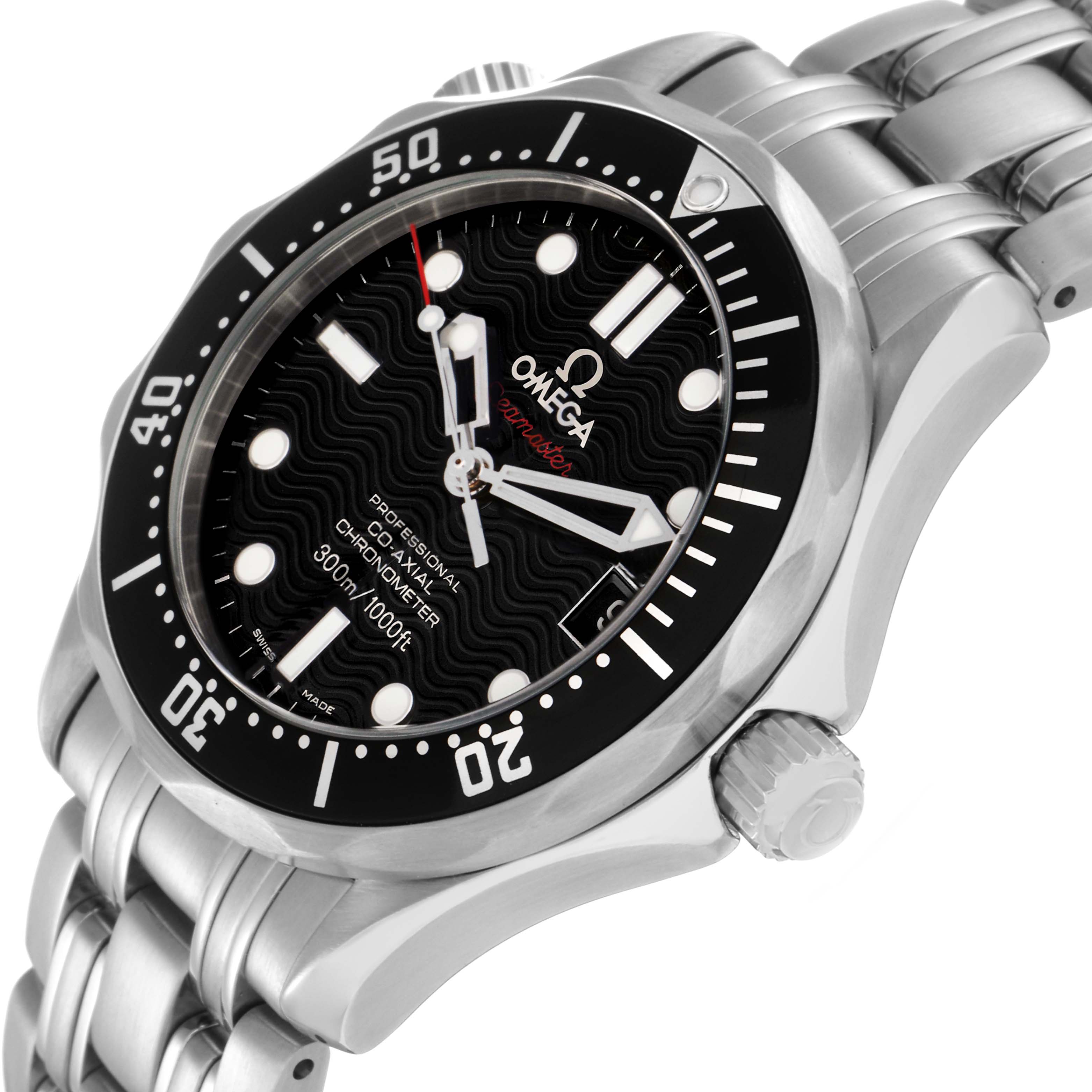 The Omega Seamaster 212.30.36.20.01.001 Men's Stainless Steel Black Dial watch is shown at a slight side angle, highlighting the bezel, dial, crown, and bracelet.