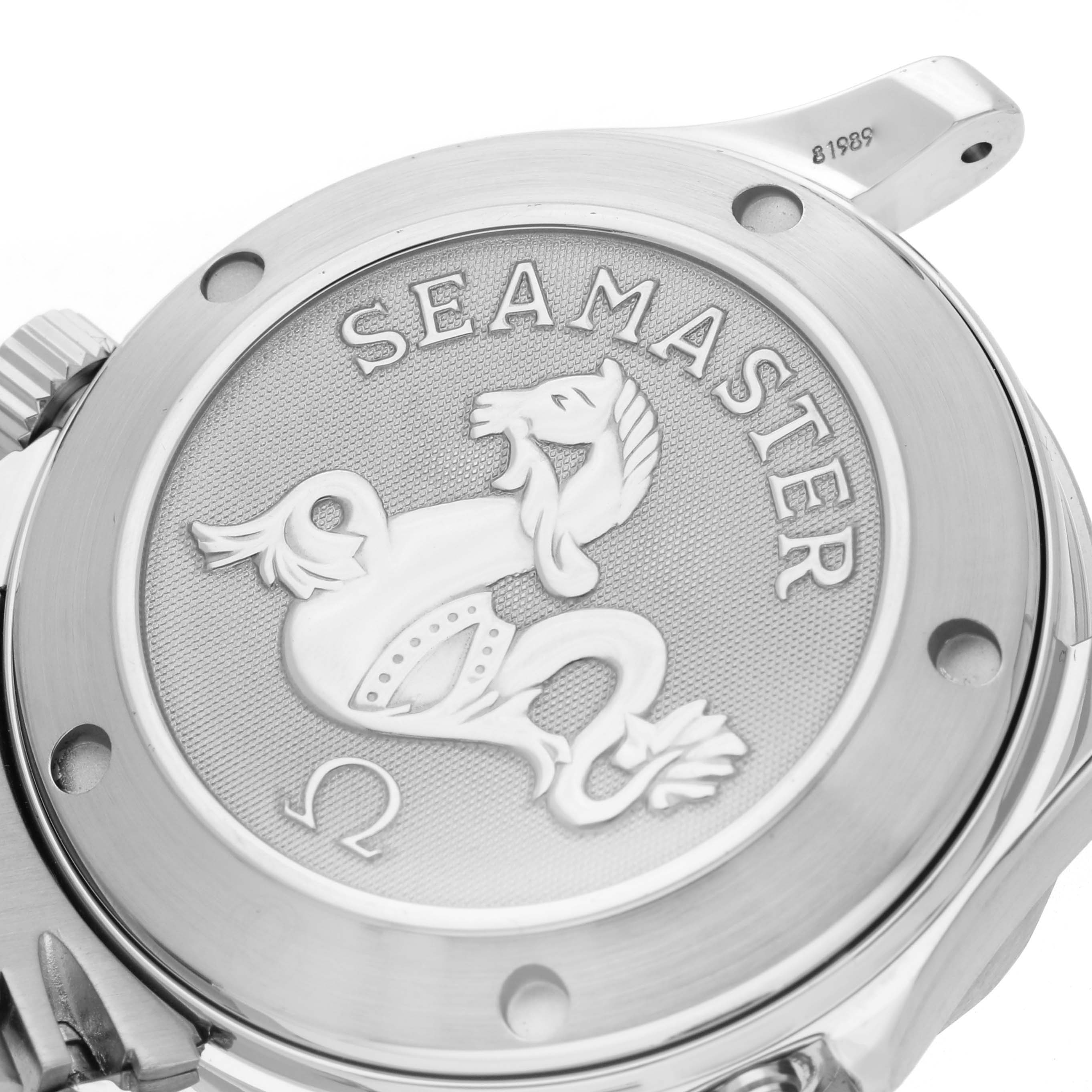 The image shows the case back of an Omega Seamaster 212.30.36.20.01.001 Men's Stainless Steel Black Dial watch, featuring the embossed logo and text.