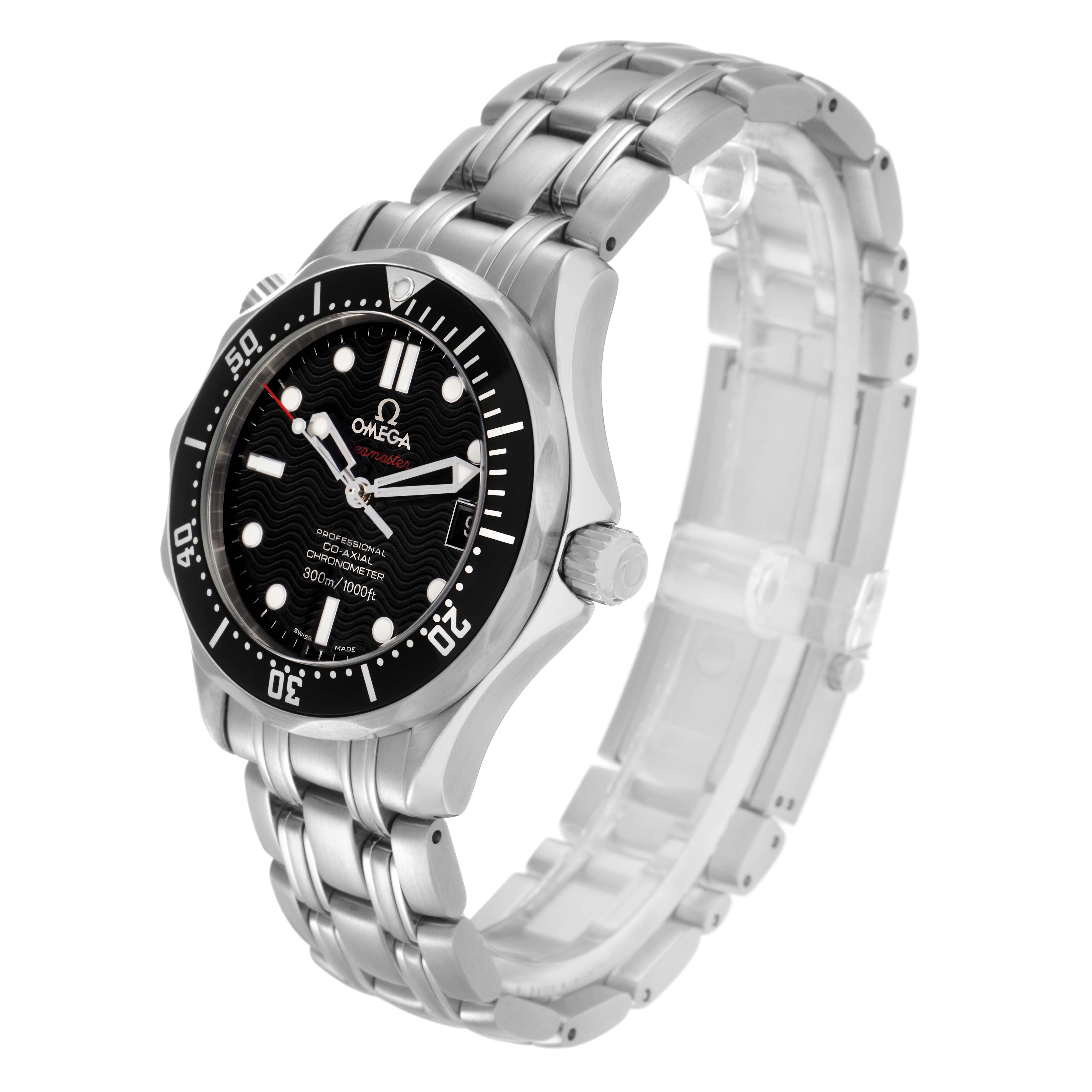 The Omega Seamaster 212.30.36.20.01.001 Men's Stainless Steel Black Dial watch is angled to show the face, bezel, crown, and part of the bracelet.