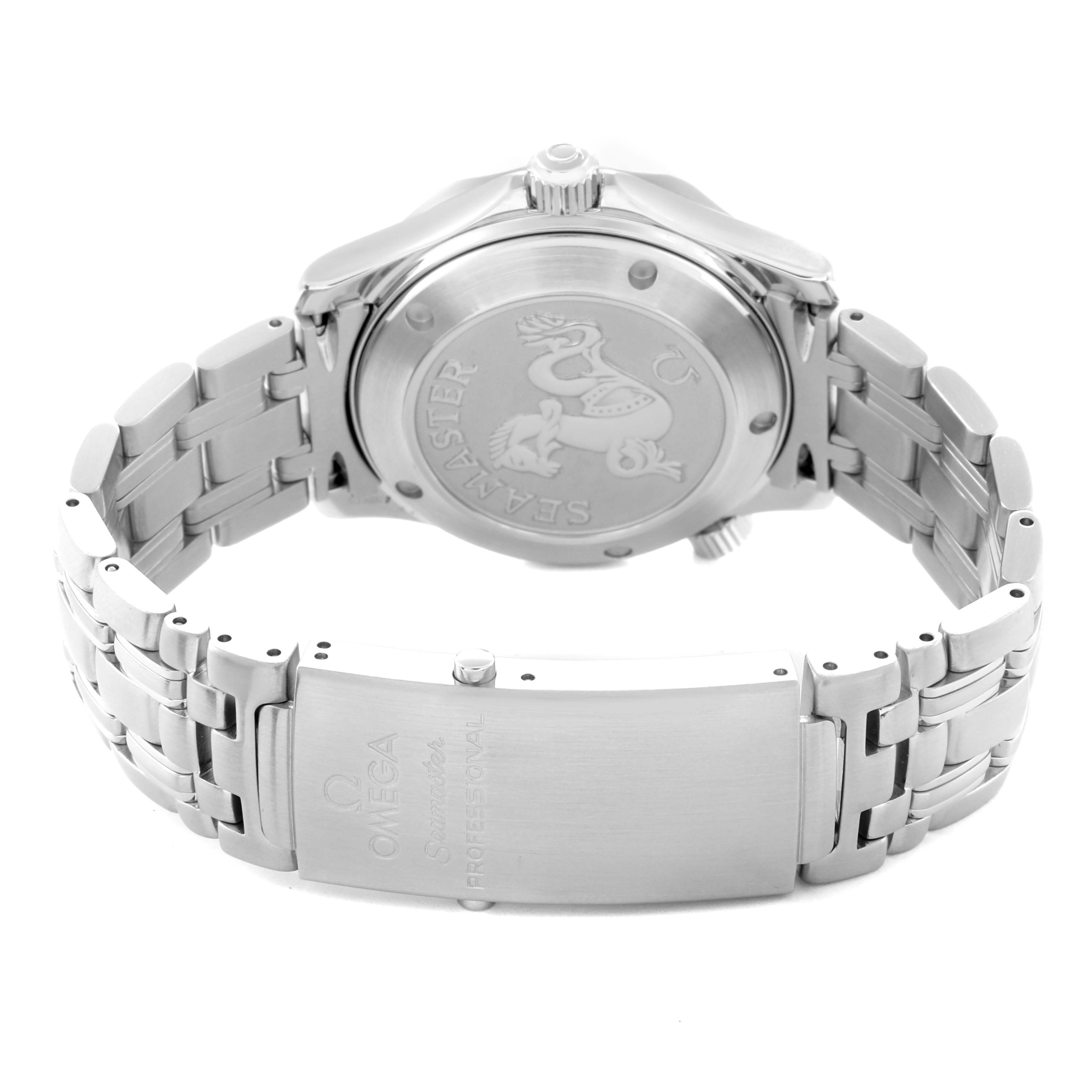 The image shows the back of the Omega Seamaster 212.30.36.20.01.001 Men's Stainless Steel Black Dial watch, including the case back with the logo and the metal bracelet with the clasp.