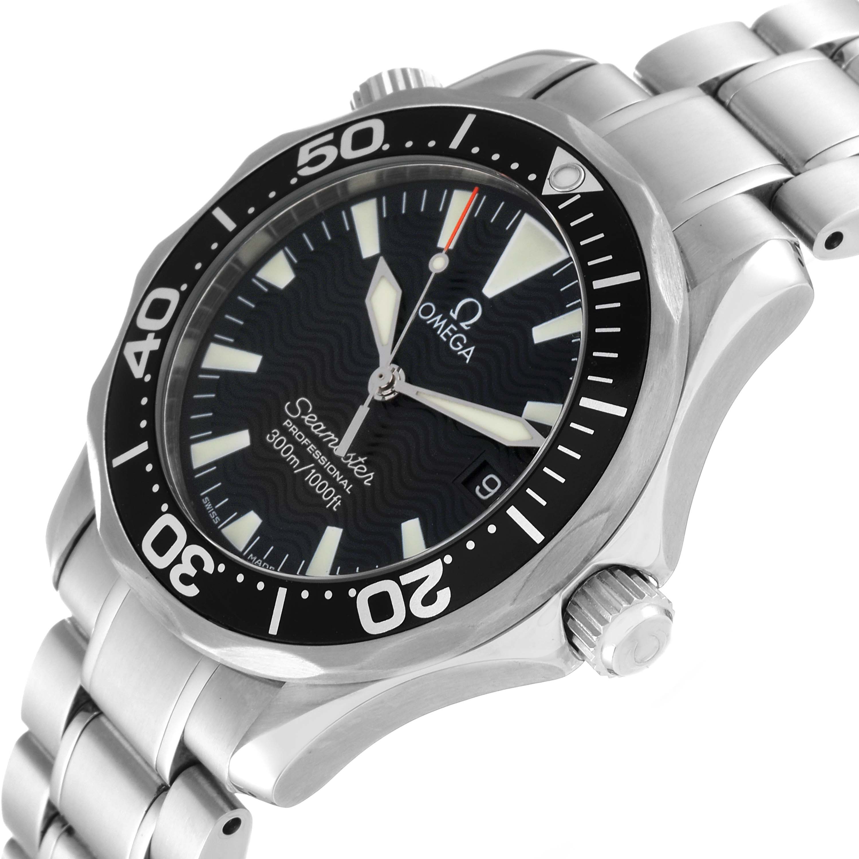 The image shows an angled view of the Omega Seamaster 2262.50.00 Men
s Stainless Steel Black Dial 2262.50.00 Men
s Stainless Steel Black Dial
s face, bezel, case, and part of the stainless steel bracelet.
