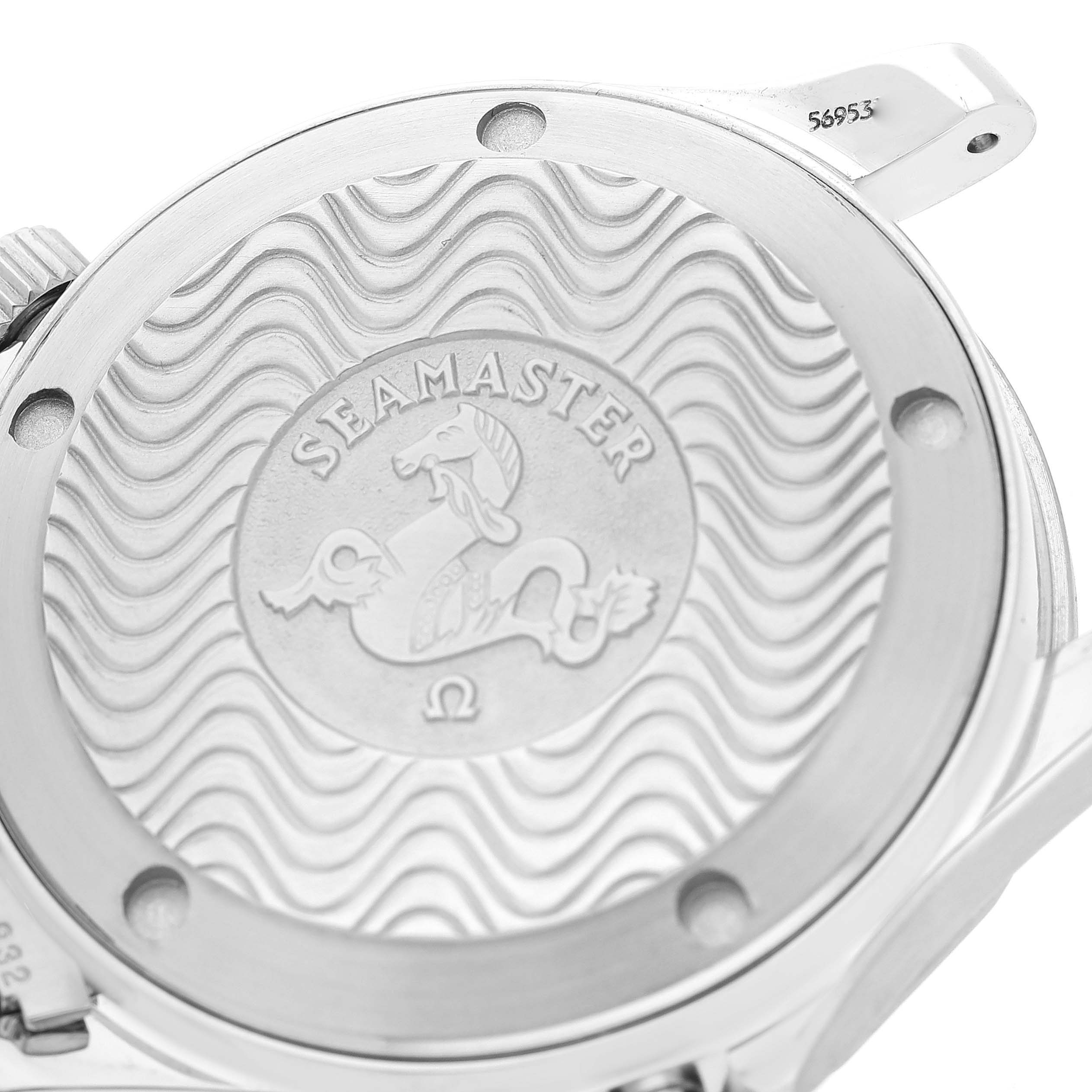 This image shows the case back of an Omega Seamaster 2262.50.00 Men
s Stainless Steel Black Dial 2262.50.00 Men
s Stainless Steel Black Dial watch from a top-down angle.