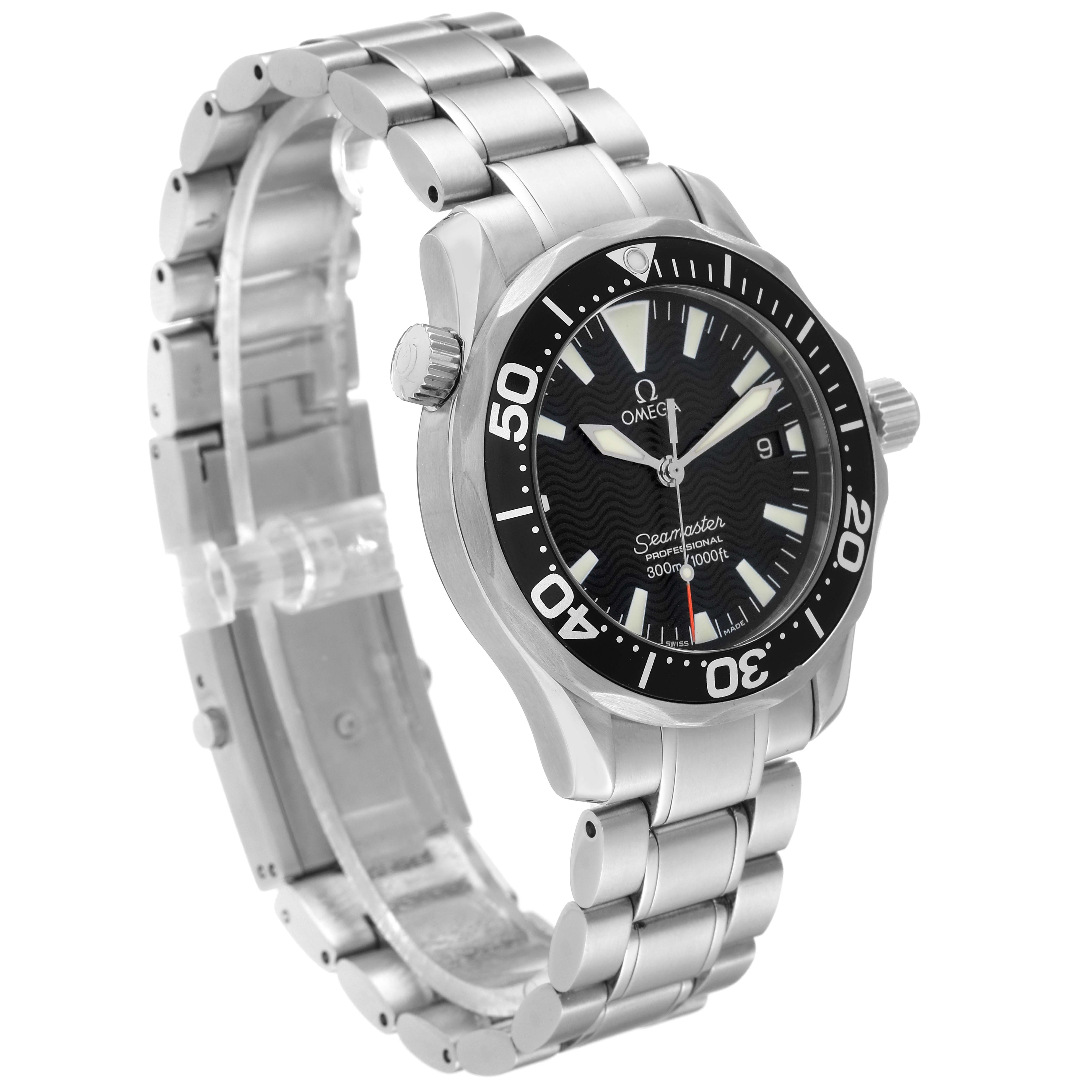 The Omega Seamaster 2262.50.00 Men
s Stainless Steel Black Dial 2262.50.00 Men
s Stainless Steel Black Dial watch is shown at a three-quarter angle, highlighting the face, bezel, crown, and bracelet.
