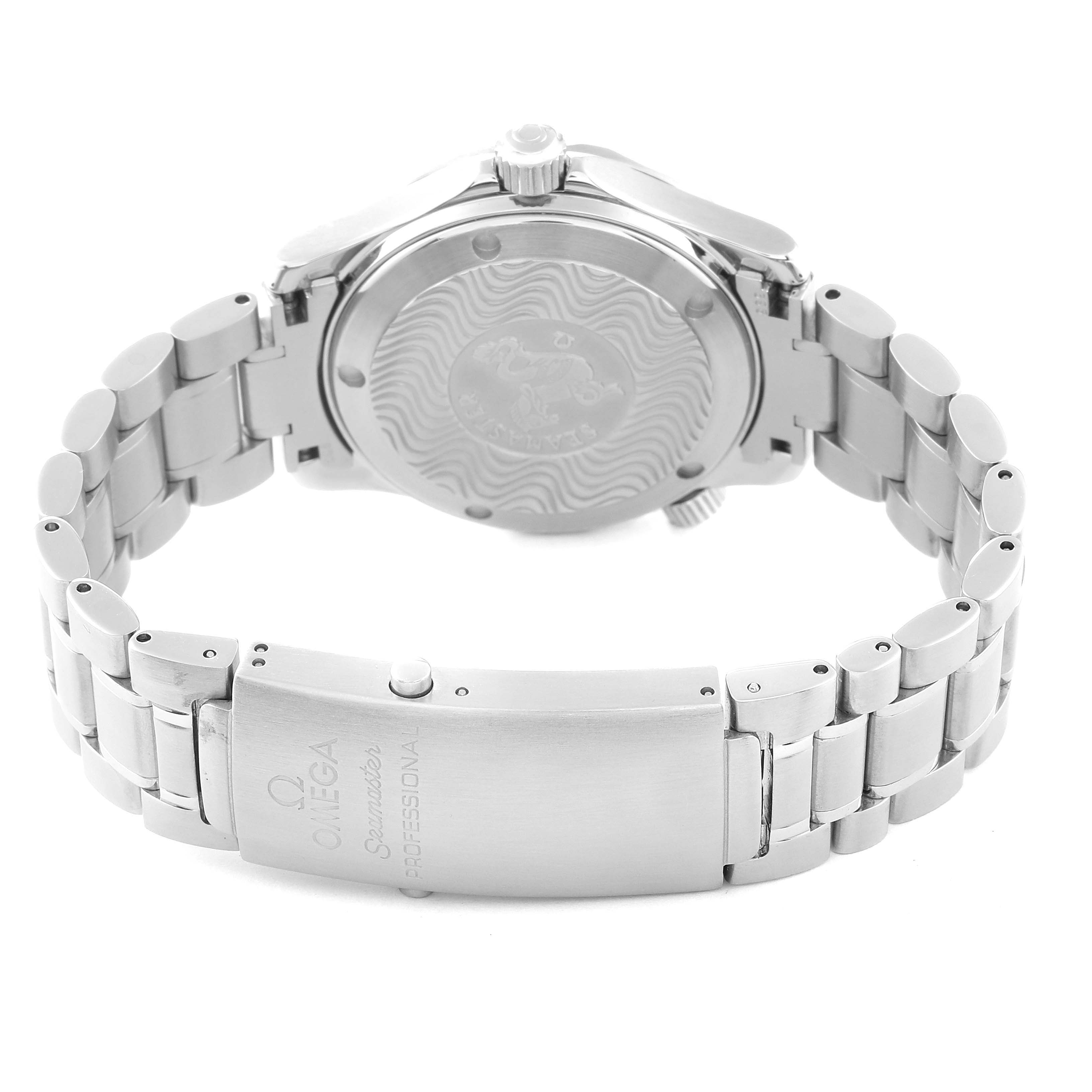 The image shows the back case, crown, and bracelet clasp of an Omega Seamaster 2262.50.00 Men
s Stainless Steel Black Dial 2262.50.00 Men
s Stainless Steel Black Dial watch.