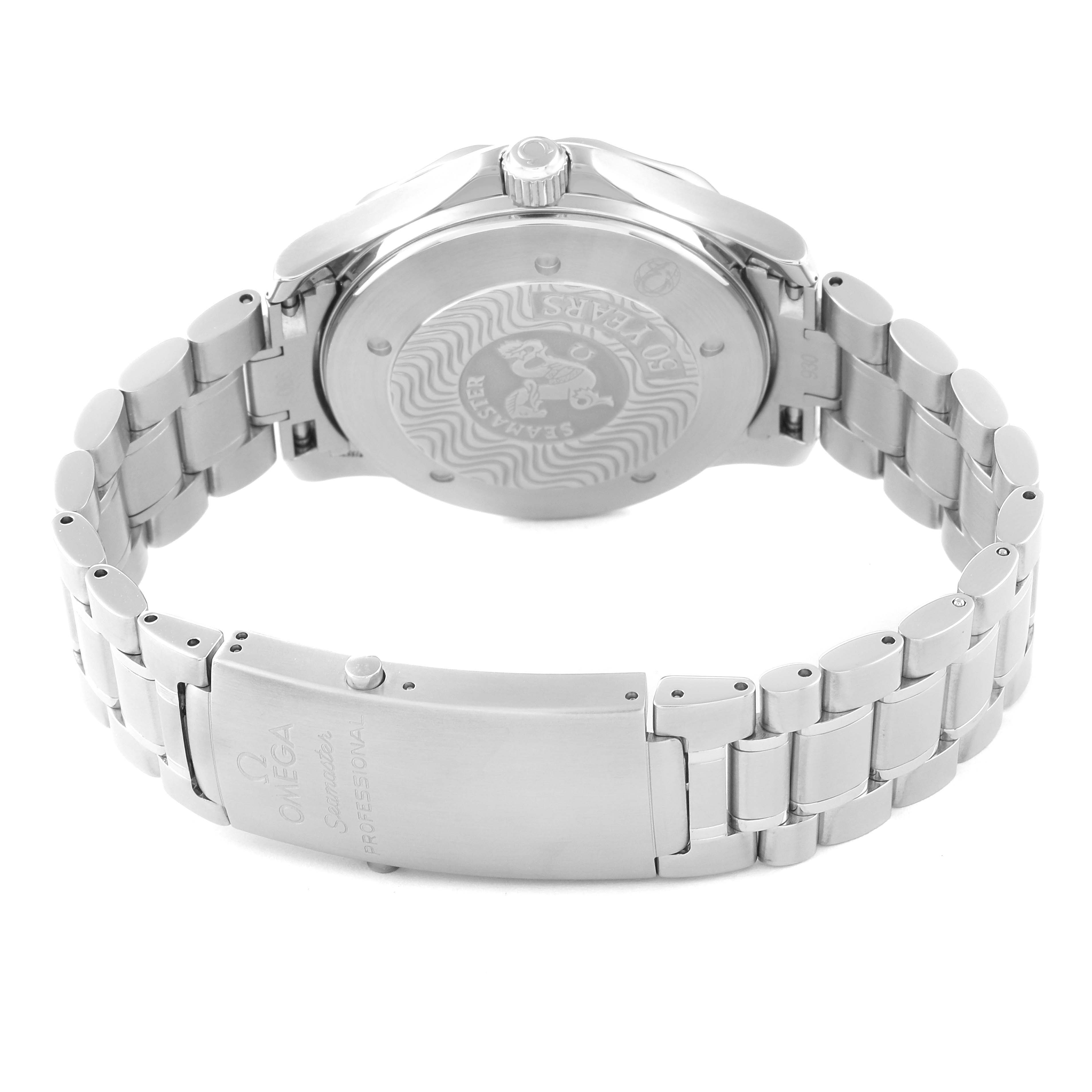 This image shows the back view of the Omega Seamaster 2234.50.00 Men
s Stainless Steel Black Dial 2234.50.00 Men
s Stainless Steel Black Dial watch, highlighting the case back and the metal bracelet clasp.