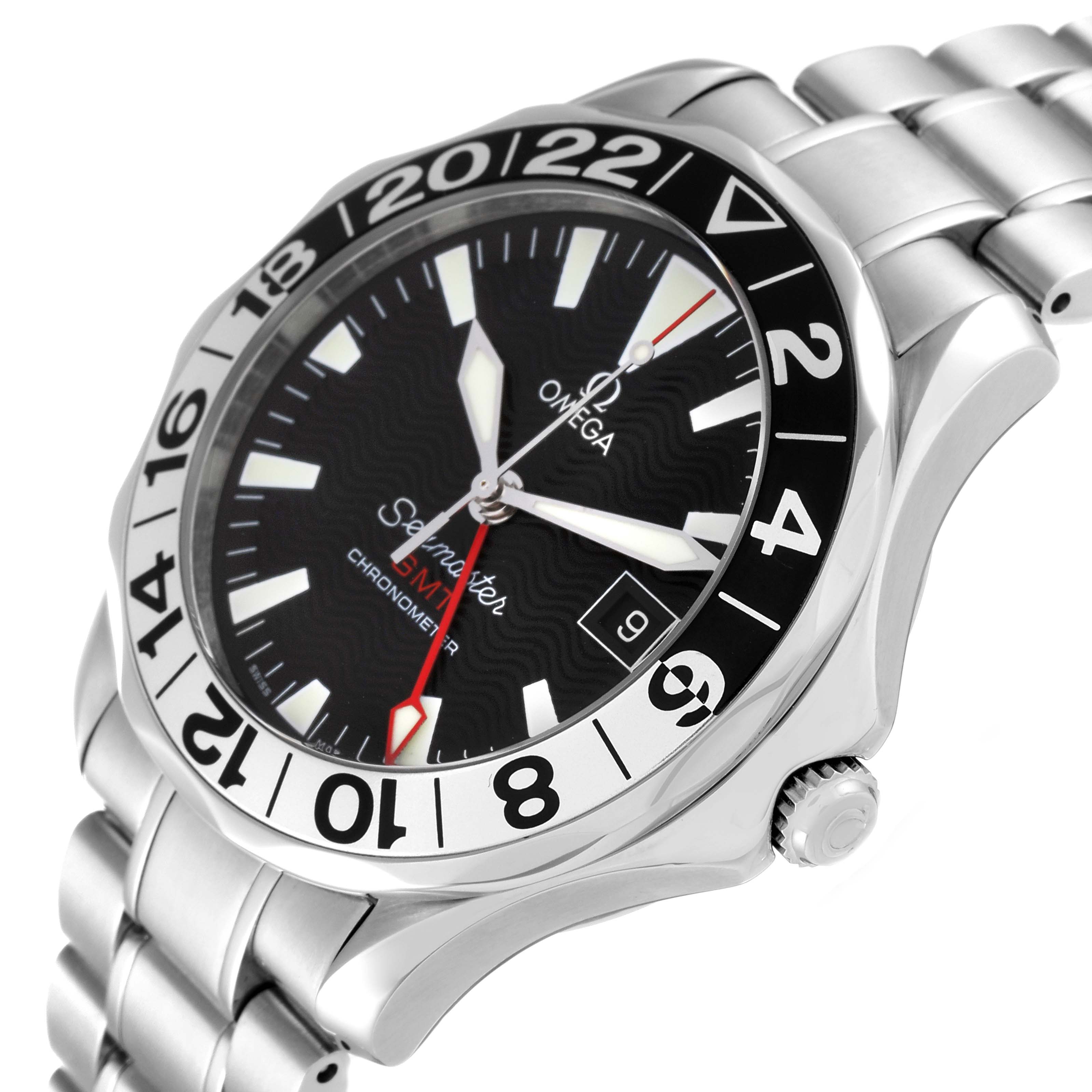 The Omega Seamaster 2234.50.00 Men
s Stainless Steel Black Dial 2234.50.00 Men
s Stainless Steel Black Dial watch is shown at an angled view featuring its dial, bezel, case, bracelet, and crown.