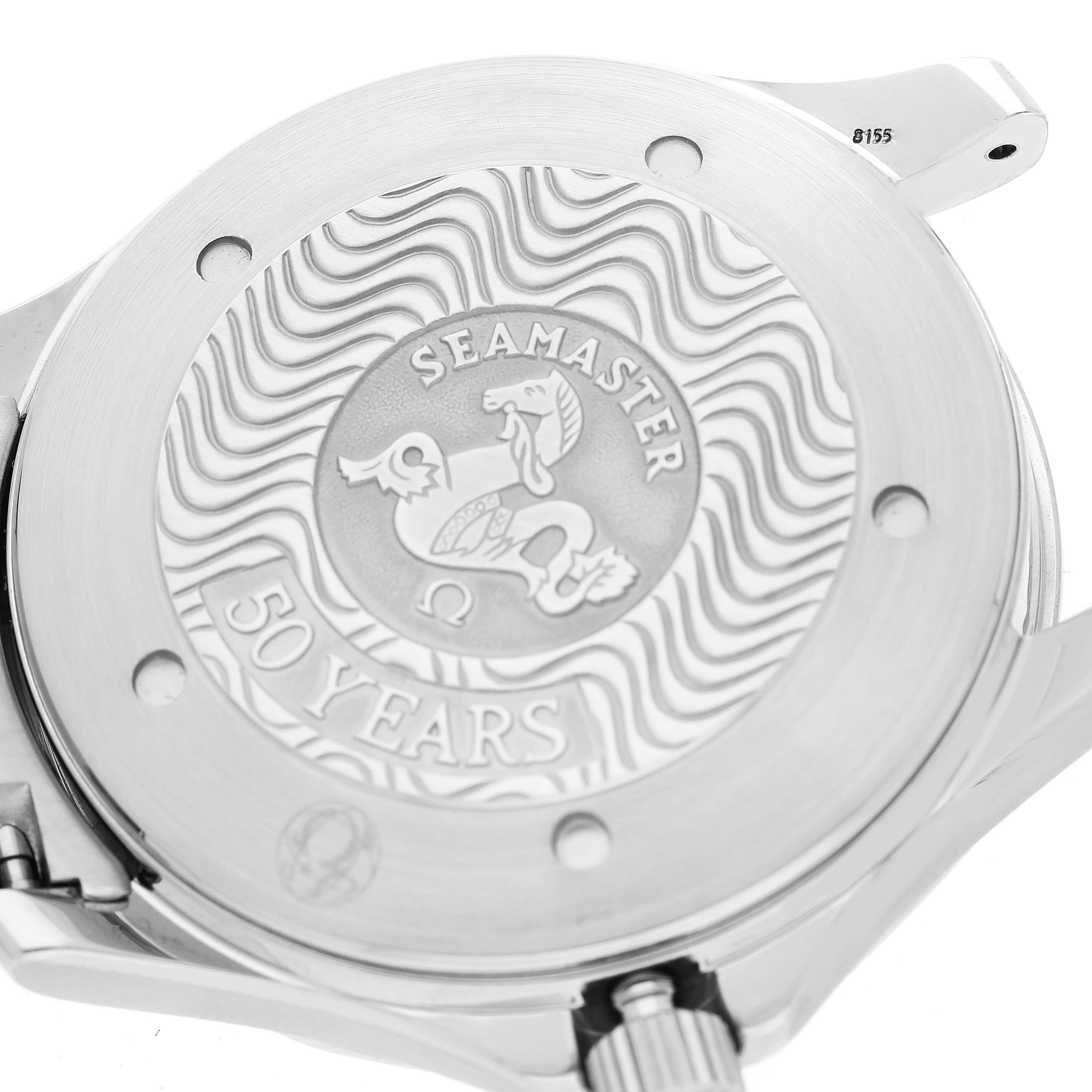 The image shows the case back of an Omega Seamaster 2234.50.00 Men
s Stainless Steel Black Dial 2234.50.00 Men
s Stainless Steel Black Dial watch, featuring the 50-year anniversary engraving.