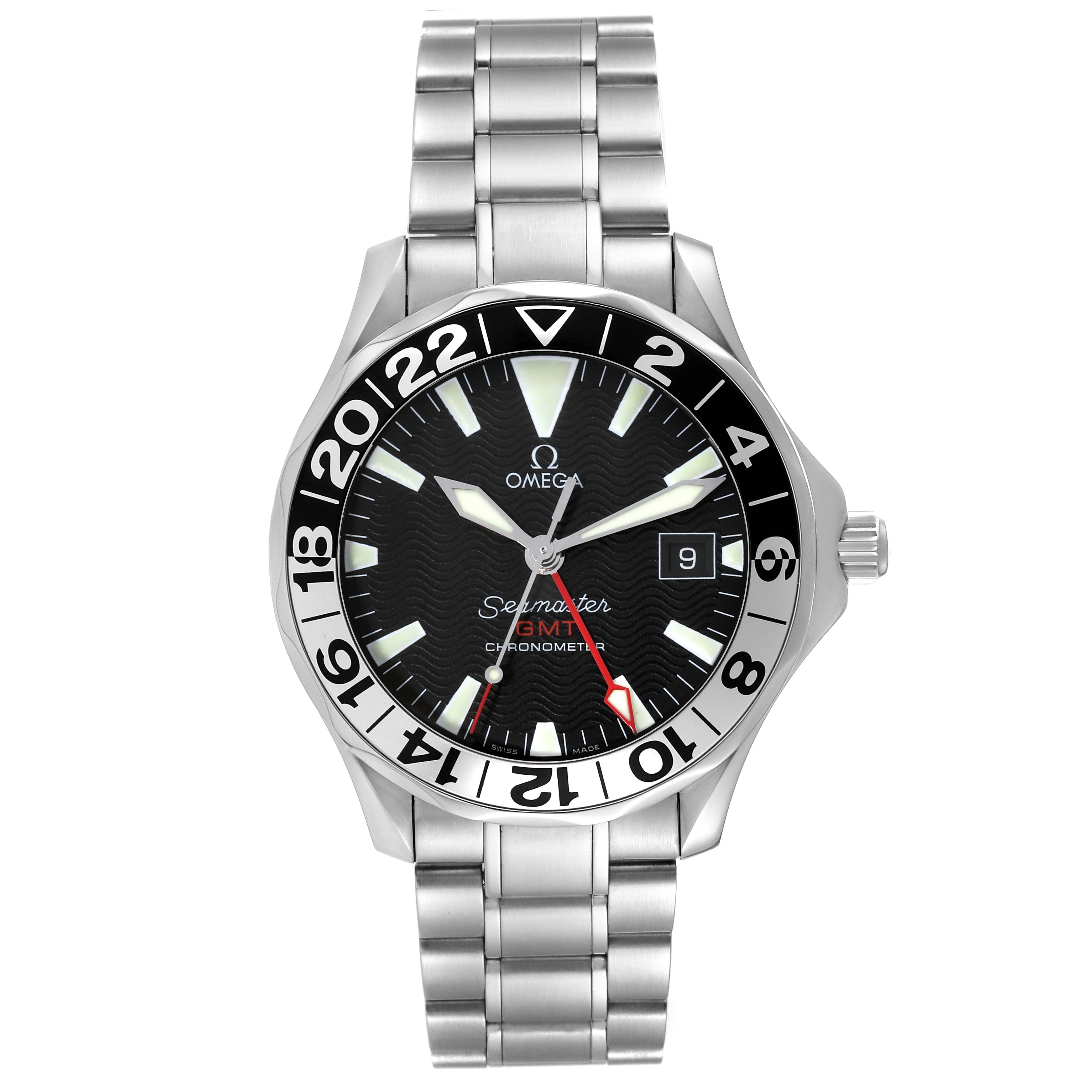 The image shows an Omega Seamaster 2234.50.00 Men
s Stainless Steel Black Dial 2234.50.00 Men
s Stainless Steel Black Dial GMT Chronometer watch from a front angle, displaying its face, bezel, dial, and bracelet.