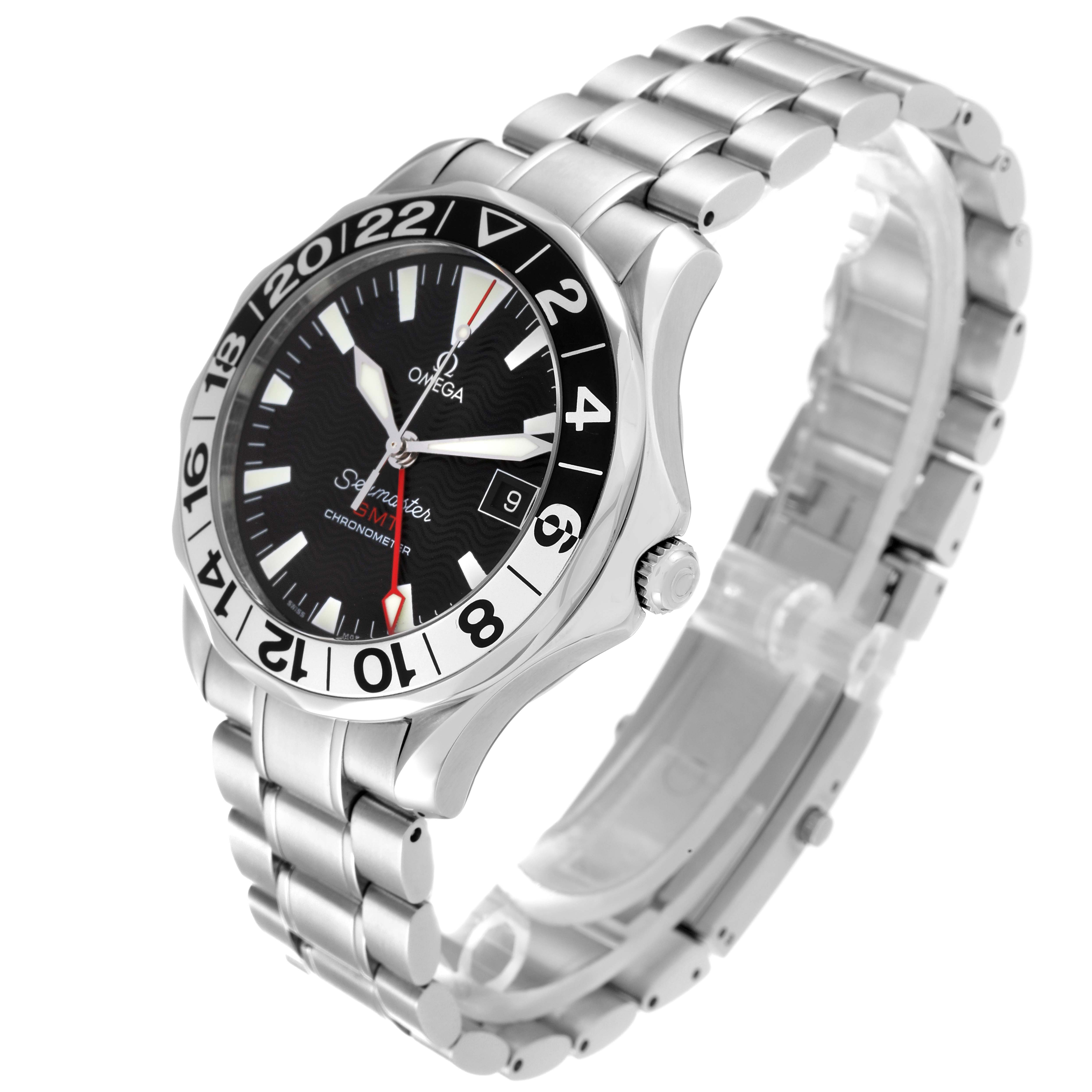 The Omega Seamaster 2234.50.00 Men
s Stainless Steel Black Dial 2234.50.00 Men
s Stainless Steel Black Dial watch is shown from a front diagonal angle, displaying the face, bezel, and metal bracelet.