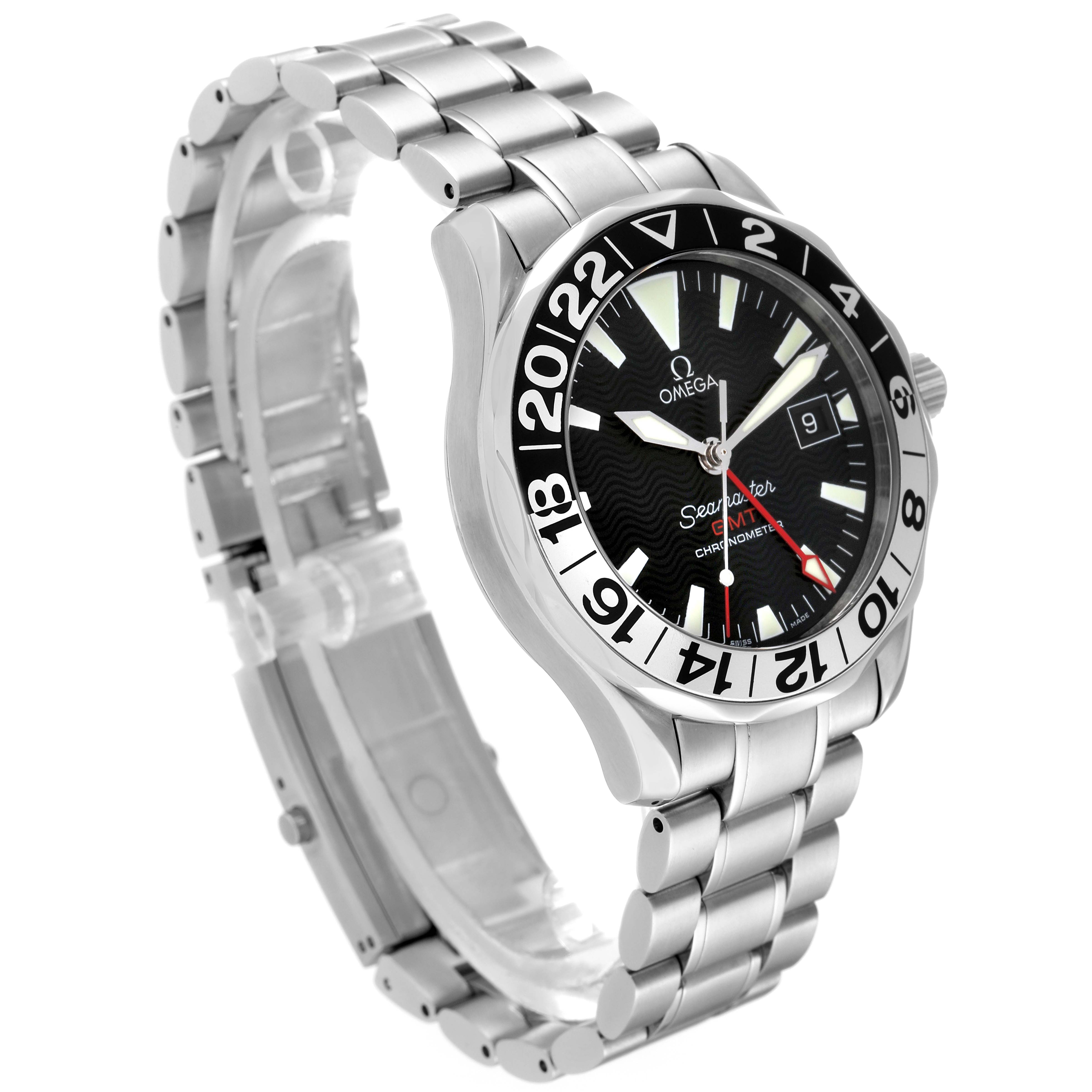 The Omega Seamaster 2234.50.00 Men
s Stainless Steel Black Dial 2234.50.00 Men
s Stainless Steel Black Dial watch is shown in a 3/4 angle, highlighting the face, bezel, and metal bracelet.
