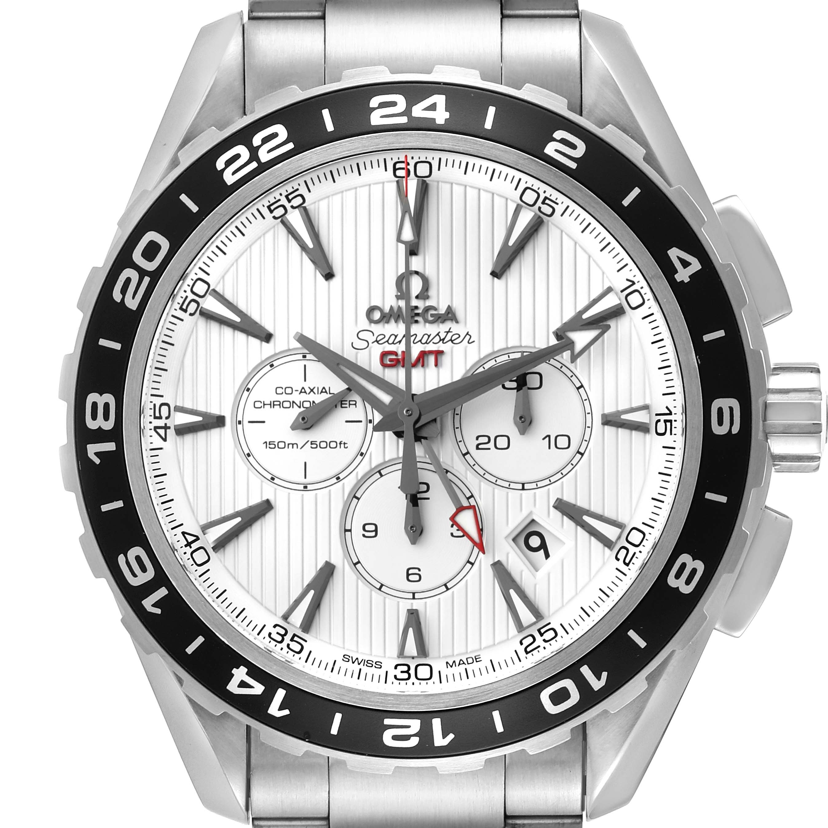 The image shows a front angle view of the Omega Seamaster 231.10.44.52.04.001 Men
s Stainless Steel White Dial 231.10.44.52.04.001 Men
s Stainless Steel White Dial GMT watch, displaying the dial and bezel clearly.
