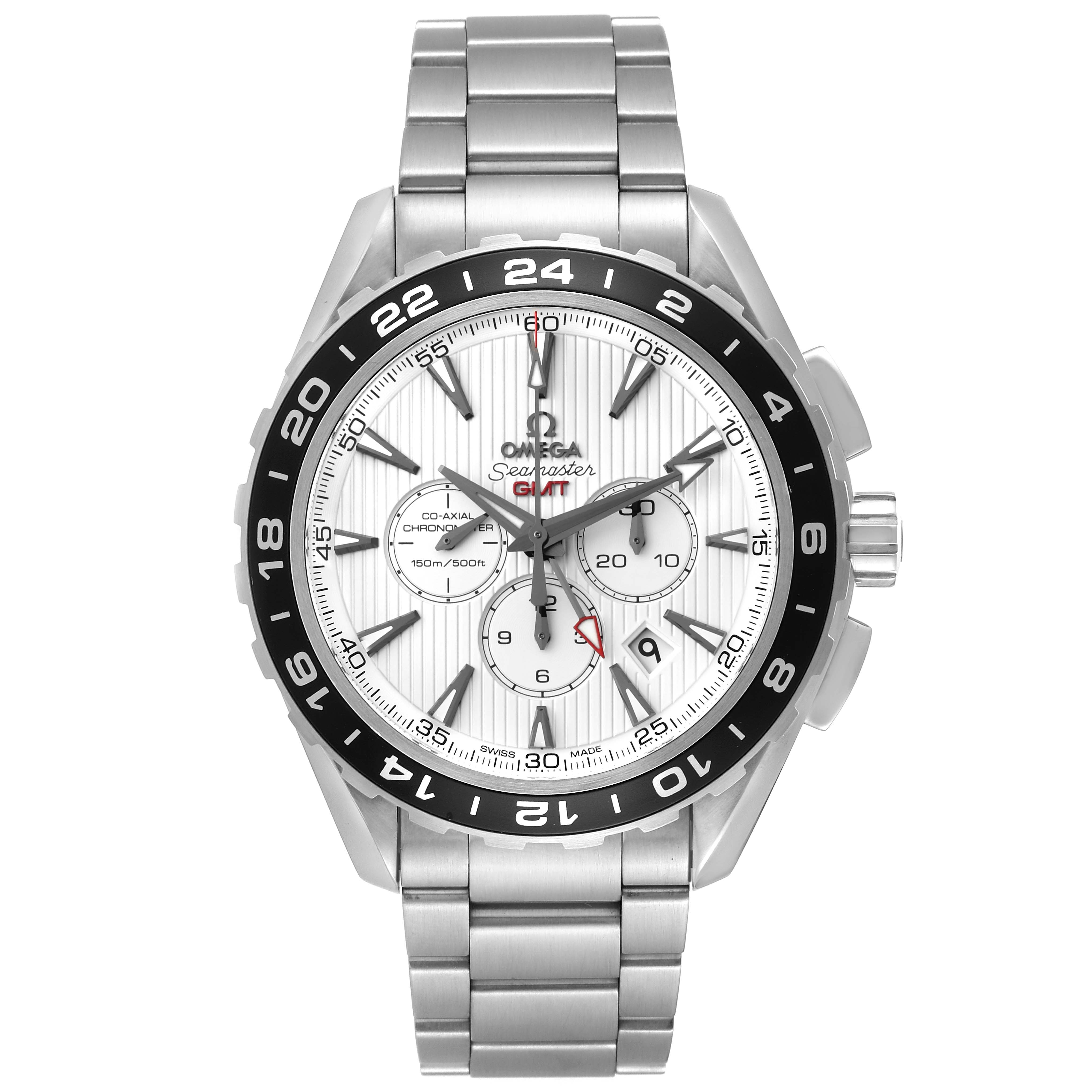 This Omega Seamaster 231.10.44.52.04.001 Men
s Stainless Steel White Dial 231.10.44.52.04.001 Men
s Stainless Steel White Dial model is shown from a front angle, displaying its dial, bezel, subdials, and metal bracelet.