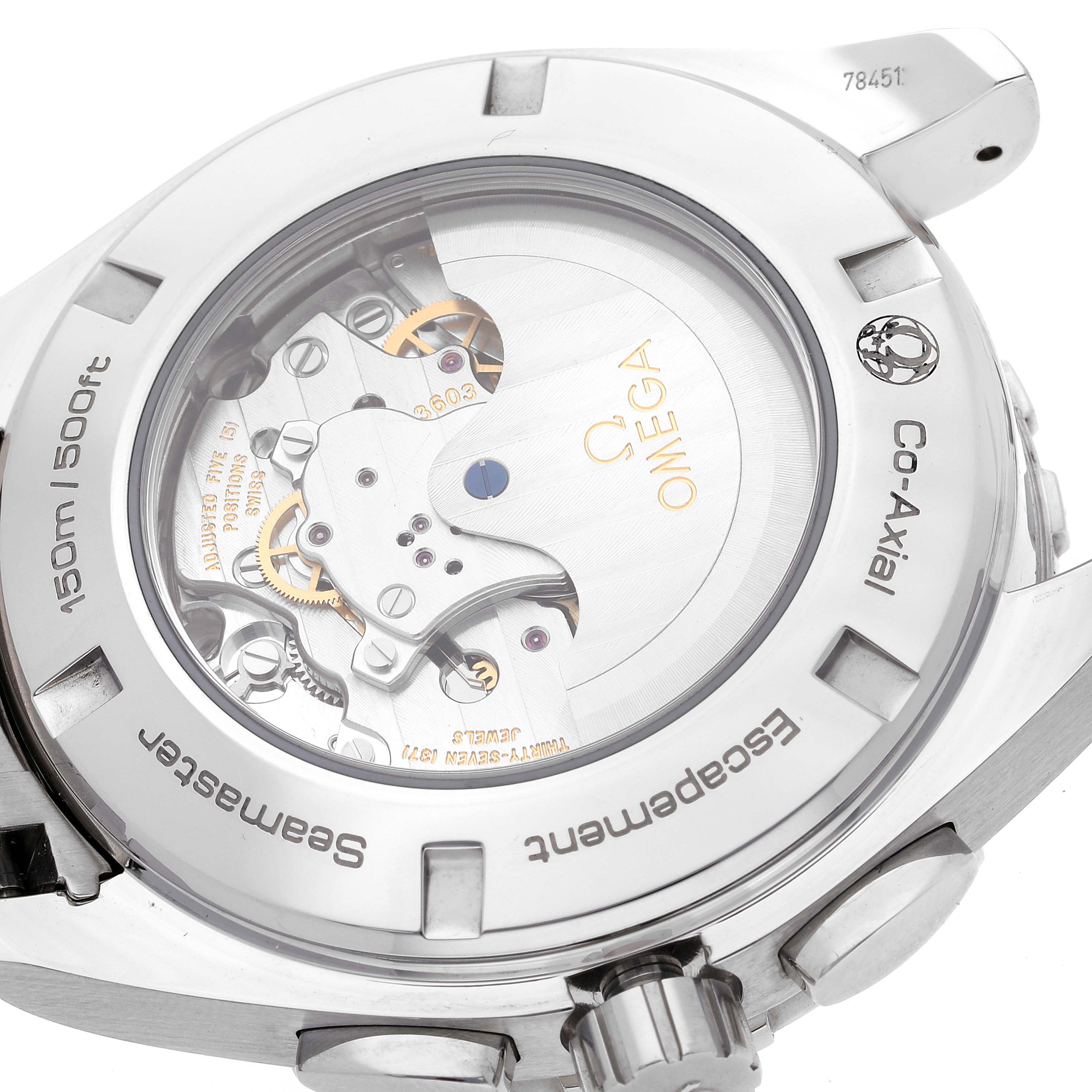 The image shows the back view of an Omega Seamaster 231.10.44.52.04.001 Men
s Stainless Steel White Dial 231.10.44.52.04.001 Men
s Stainless Steel White Dial watch, revealing its Co-Axial escapement and internal mechanism.