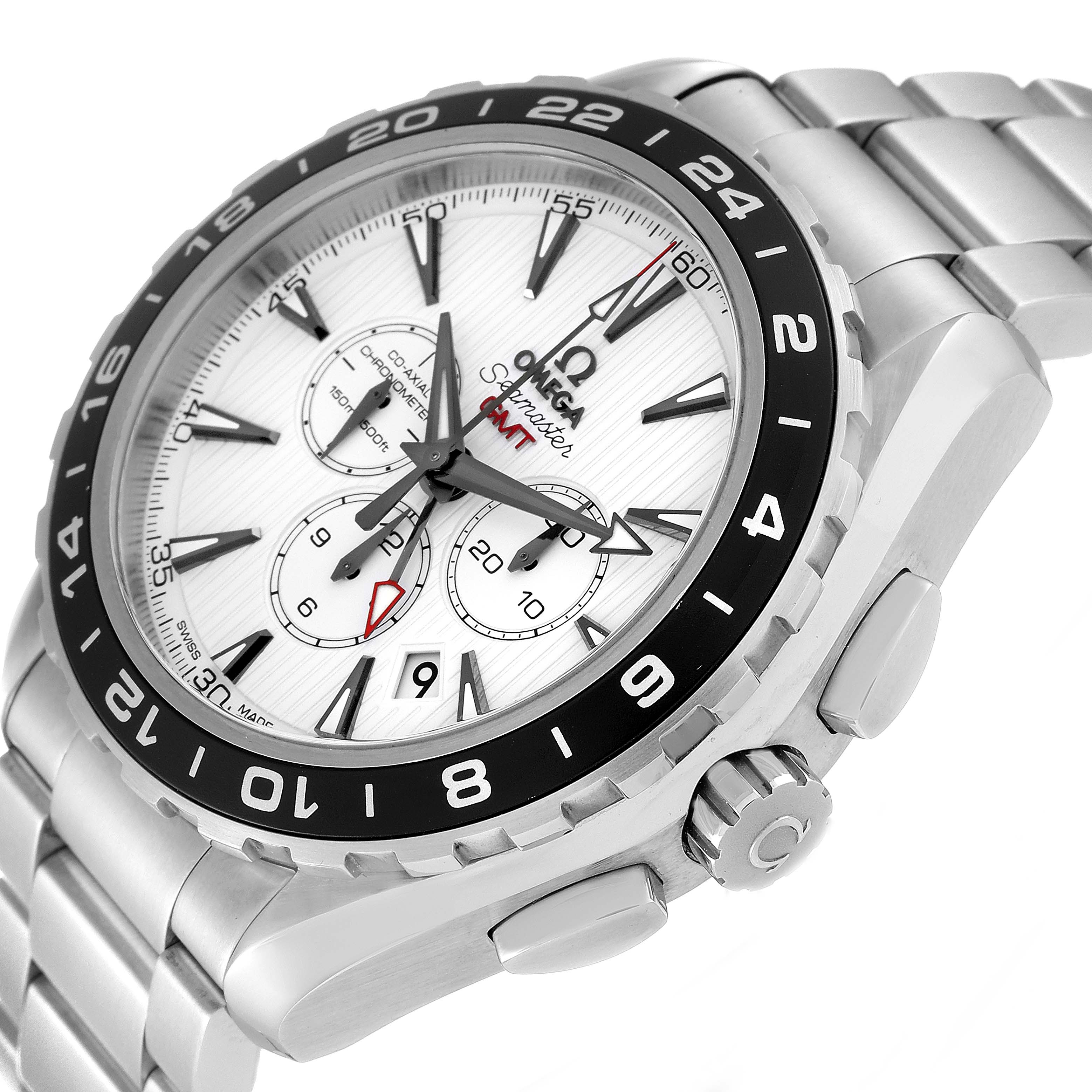 The Omega Seamaster 231.10.44.52.04.001 Men
s Stainless Steel White Dial 231.10.44.52.04.001 Men
s Stainless Steel White Dial watch is shown at an angle highlighting the face, bezel, crown, and part of the metal bracelet.