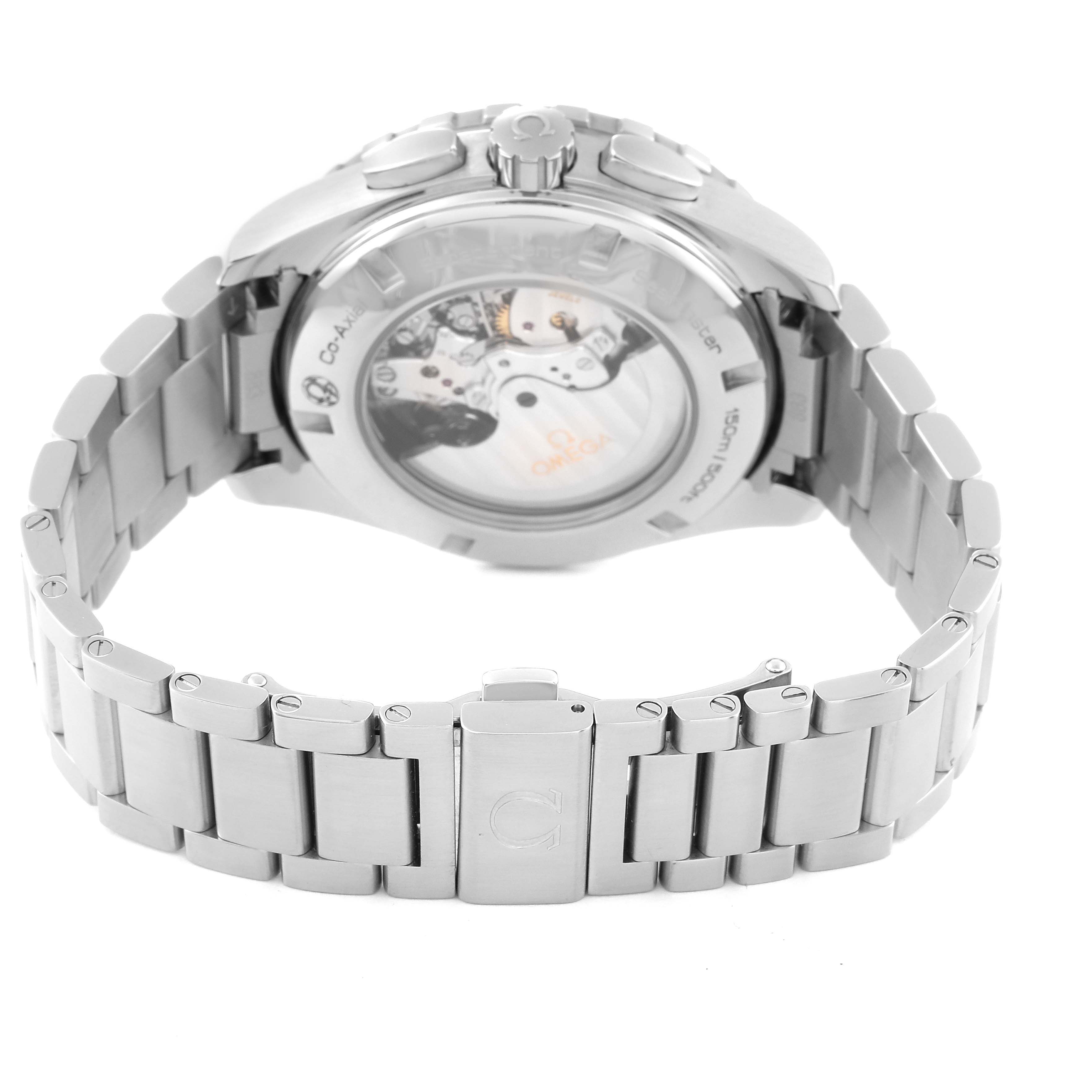 The image shows the back and bracelet of an Omega Seamaster 231.10.44.52.04.001 Men
s Stainless Steel White Dial 231.10.44.52.04.001 Men
s Stainless Steel White Dial watch, highlighting the transparent case back and clasp.