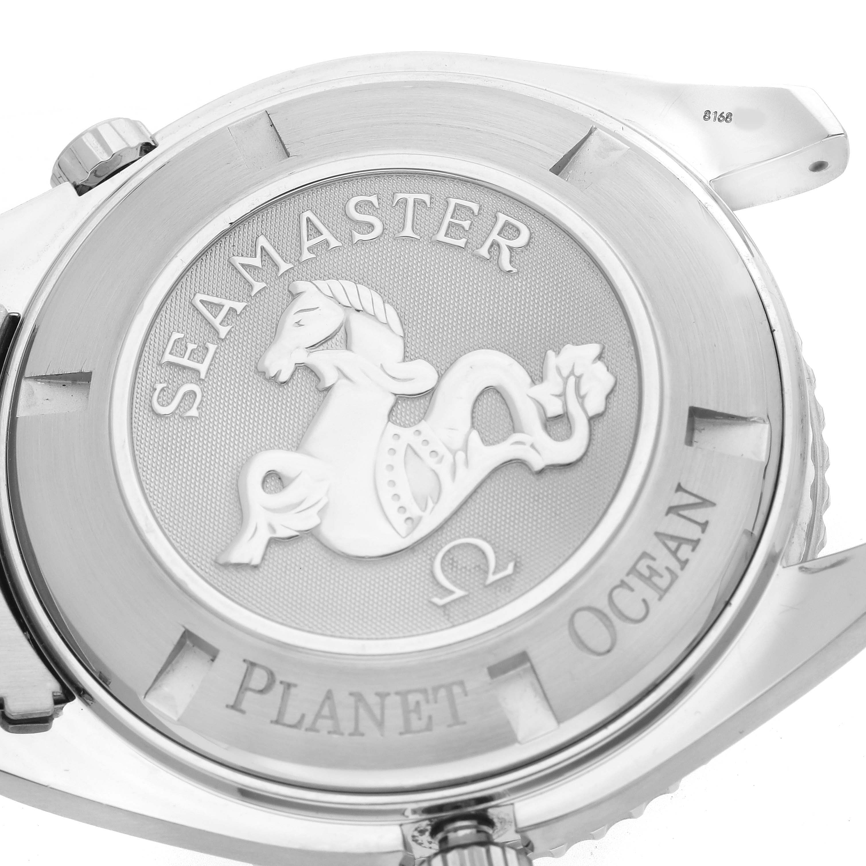 The image shows the back case of the Omega Seamaster Planet Ocean watch, highlighting the engraved logo and decorative elements.