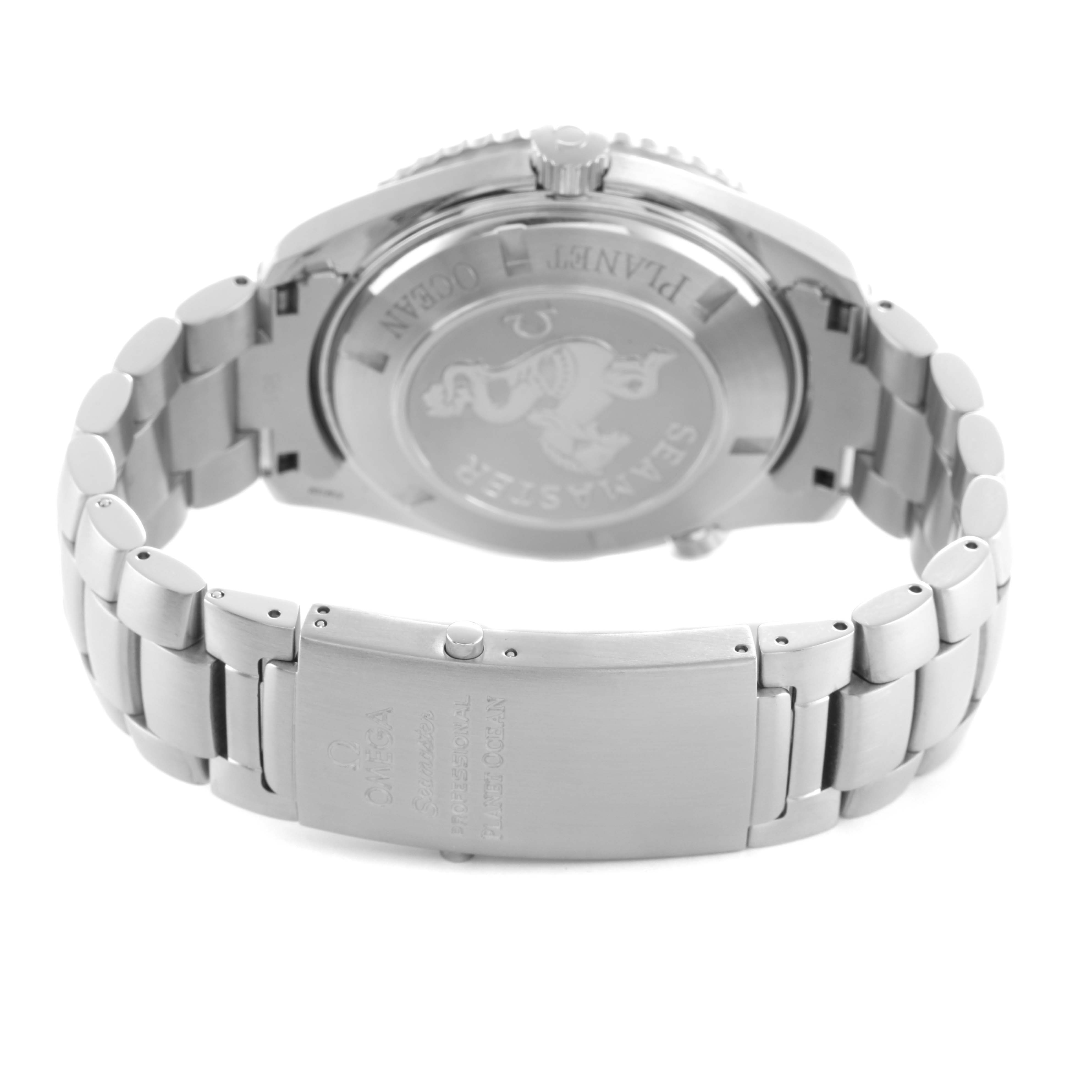 The image shows the back of the Omega Planet Ocean 2208.50.00 Men's Stainless Steel Black Dial watch, displaying the case back and part of the stainless steel bracelet.