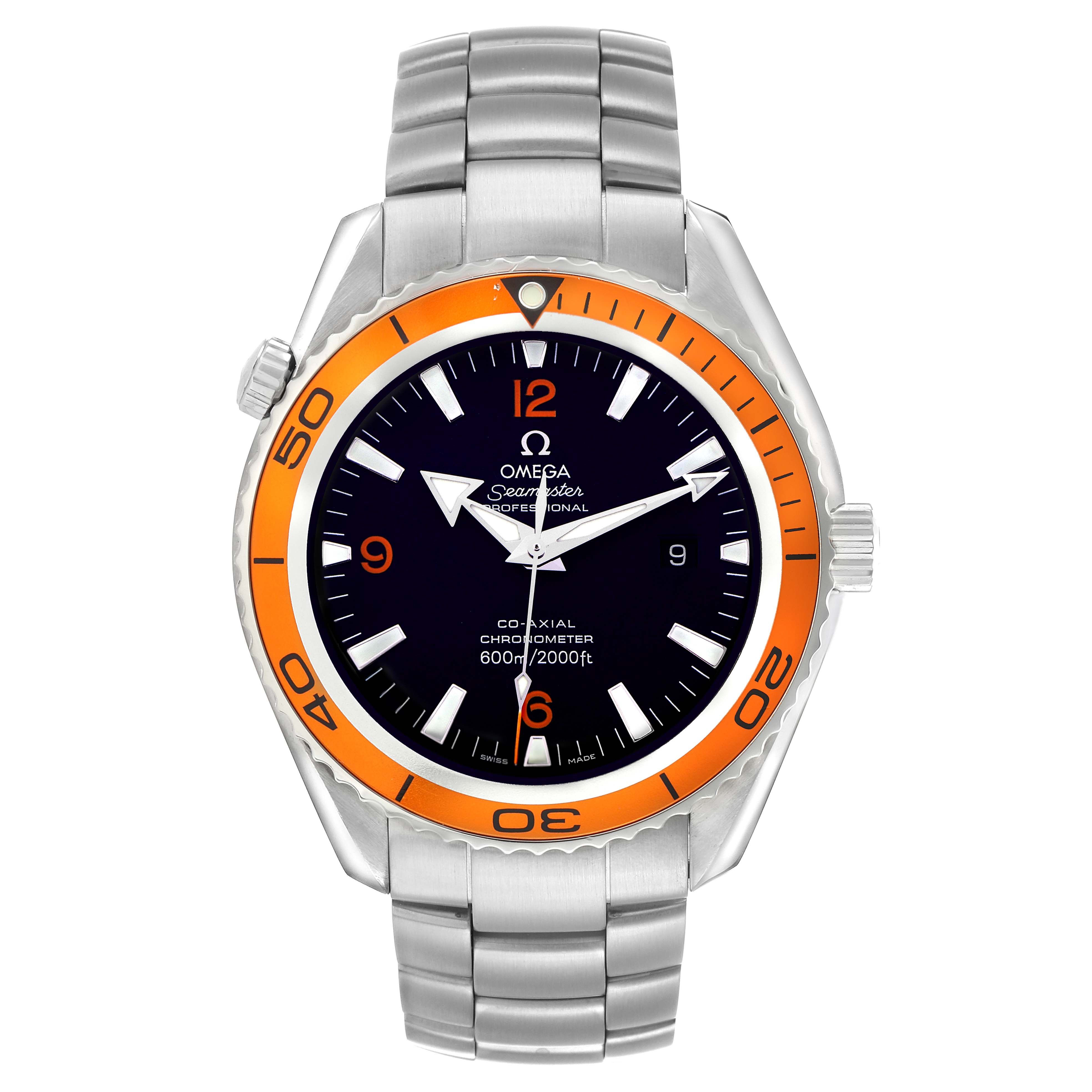 The Omega Planet Ocean 2208.50.00 Men's Stainless Steel Black Dial watch is shown from the front, highlighting its face, bezel, crown, and bracelet.