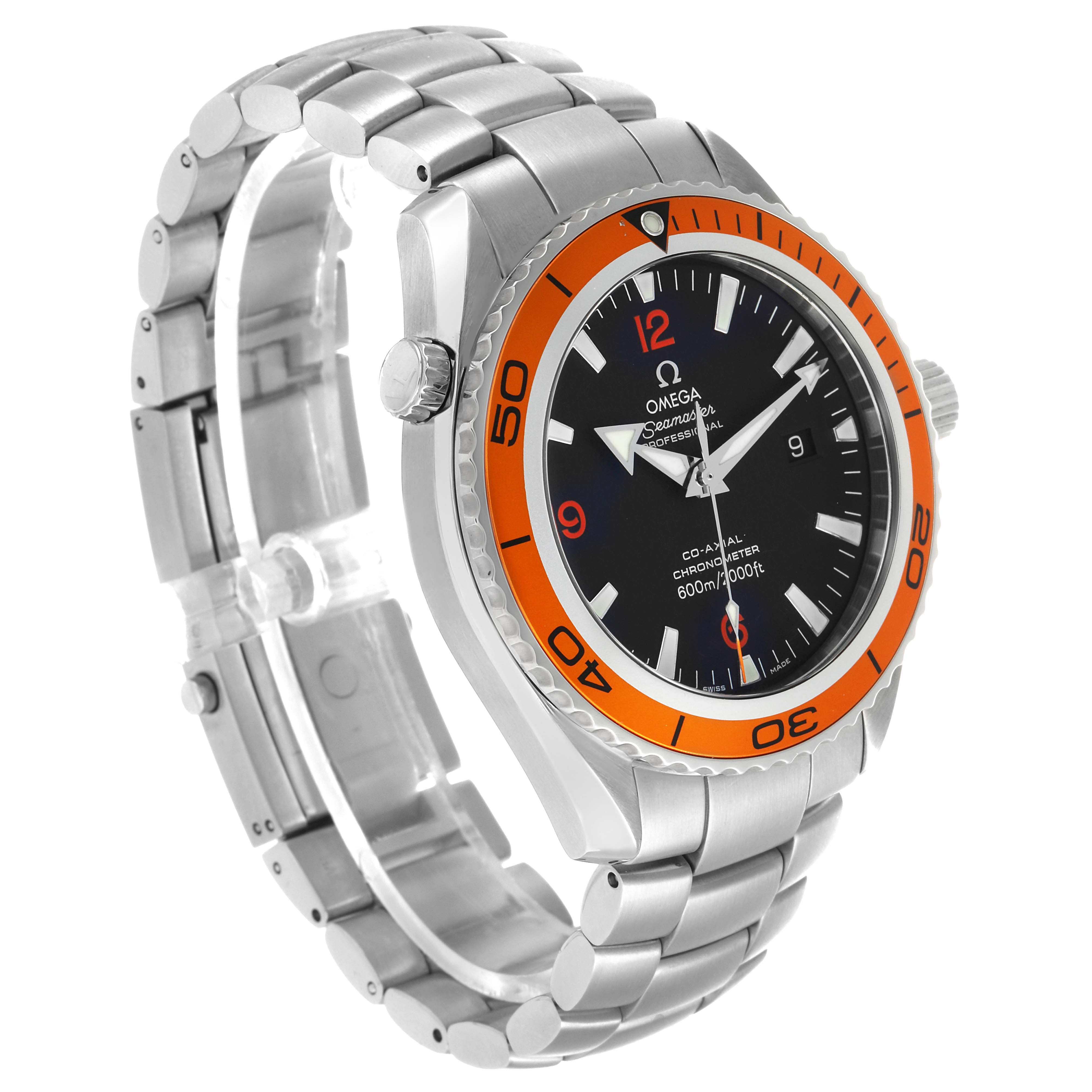 The Omega Planet Ocean 2208.50.00 Men's Stainless Steel Black Dial watch is shown at a three-quarter angle, highlighting the orange bezel, face, and stainless steel bracelet.