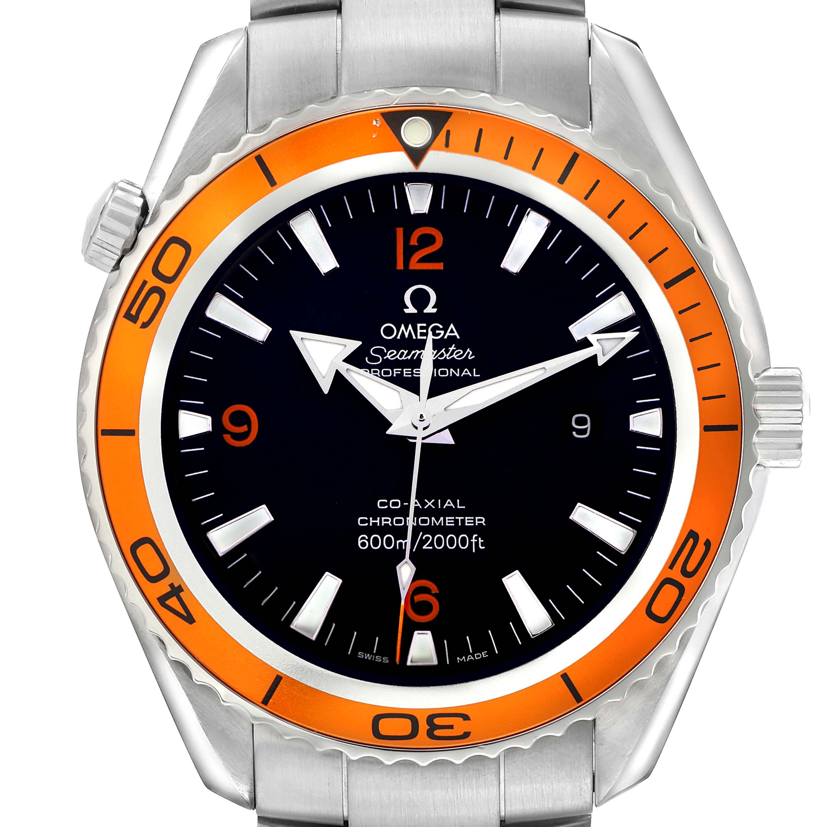 The Omega Planet Ocean 2208.50.00 Men's Stainless Steel Black Dial watch is shown from the front, highlighting the dial, bezel, and part of the bracelet.