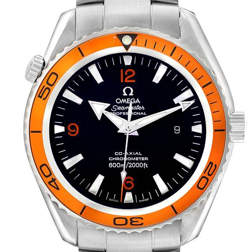 The Omega Planet Ocean 2208.50.00 Men's Stainless Steel Black Dial watch is shown from the front, displaying the face, bezel, and part of the bracelet.